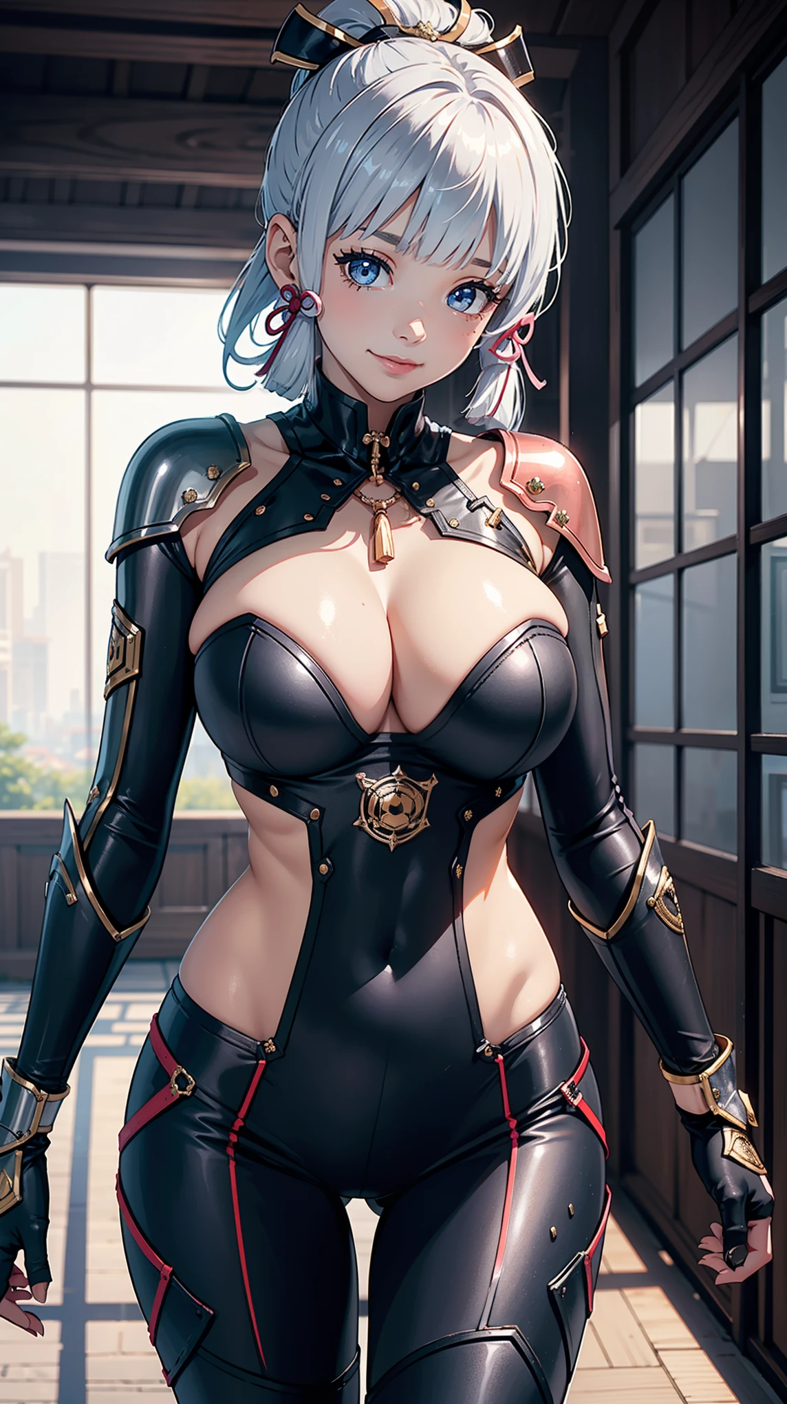 Masterpiece, ultra detail, high quality, 8k cg, blush, bright eyes, standing, 1girl, solo, blurry background, huge breast, (slim body) ,smile, (looking at viewer), kamisatoayakarnd, sexy armor suit