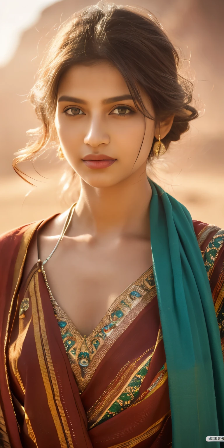 (best quality,4k,8k,highres,masterpiece:1.2), ultra-detailed, (realistic,photorealistic,photo-realistic:1.37), HDR, UHD, studio lighting, extreme detail description, professional, vivid colors, bokeh, portraits, Indian girl, beautiful detailed eyes, beautiful detailed lips, long eyelashes, expressive face, traditional Indian attire, intricate patterns, confident pose, majestic Mahindra Thar in the background, sandy desert landscape, warm color tones, soft natural lighting.