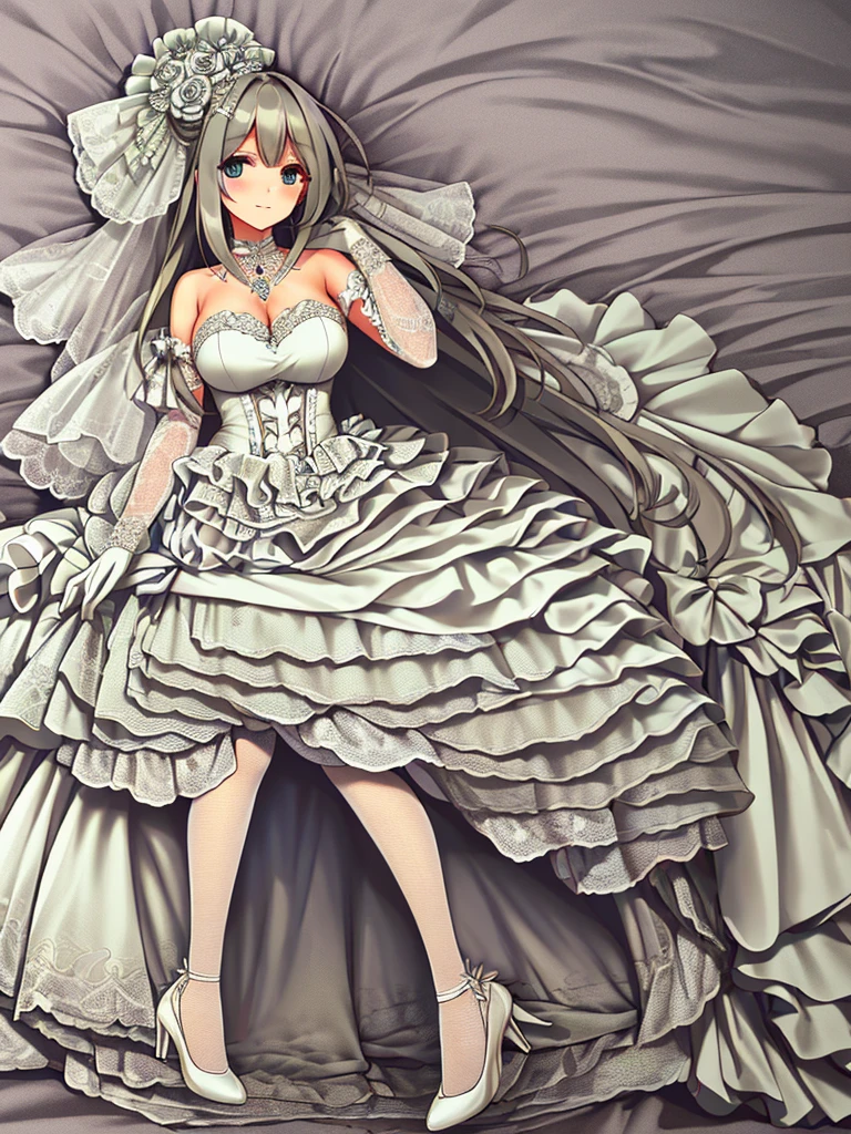 ((masterpiece)), (((best quality))), ((ultra-detailed)), ((illustration)), ((disheveled hair)), ((frills)), (1 girl), (solo),1girl,alternative costume, blonde hair, blue eyes, blue flower, blue rose, blush, bouquet, breasts, bridal veil, bug, butterfly, choker, cleavage, clothing, crown, dress, female, flower, frilled dress, frills, frown, full body, gloves, headdress, headwear, insect, jewelry, large breasts, legwear, long hair, necklace, petals, pink legwear, rose, solo, strappy heels, thighhighs, tiara, torn clothes, torn dress, torn legwear, torn thighhighs, veil, wedding dress, white dress, white gloves, wince,