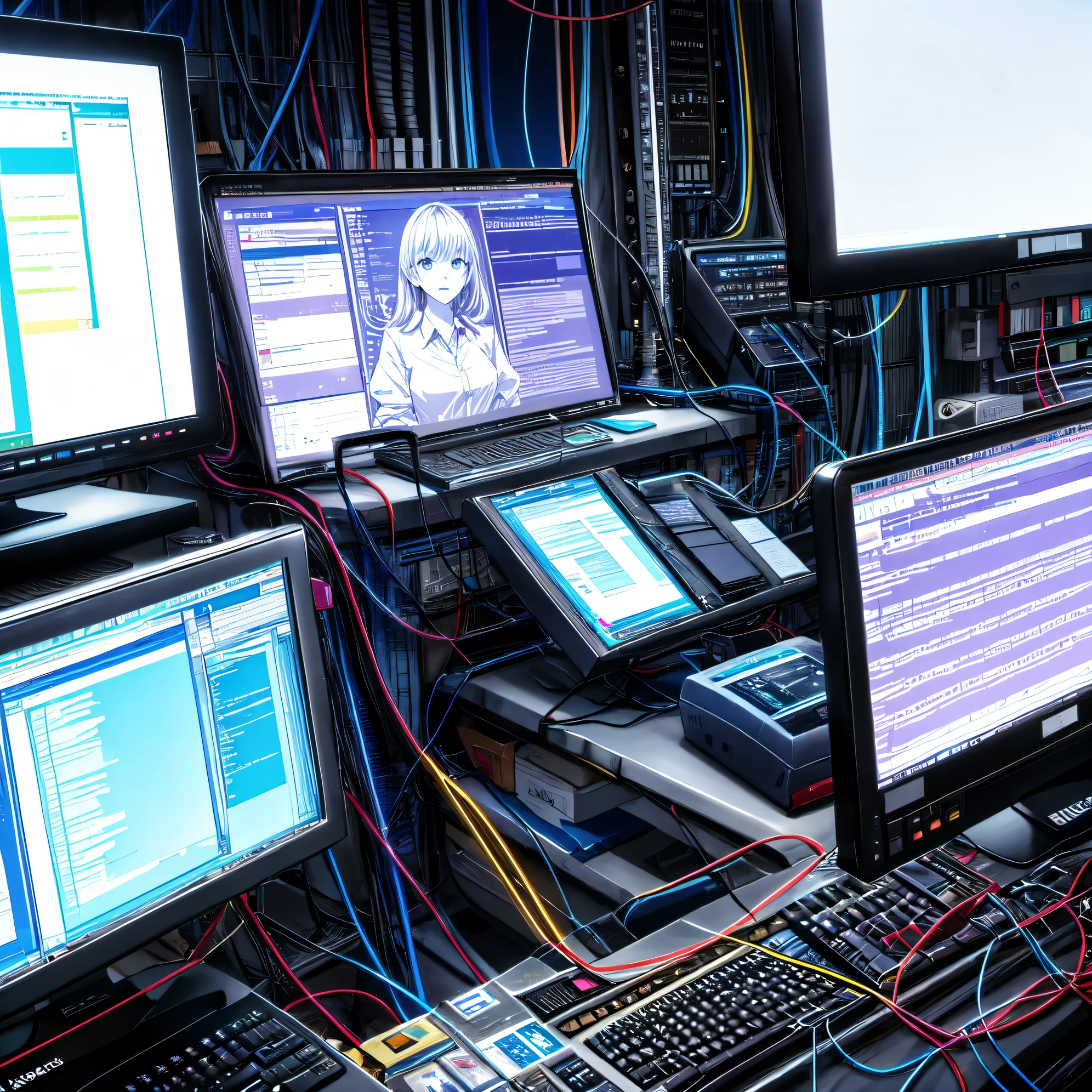 coding on screen in the shape of a woman, dark room, tons of wires and machinery, colorful, ascii