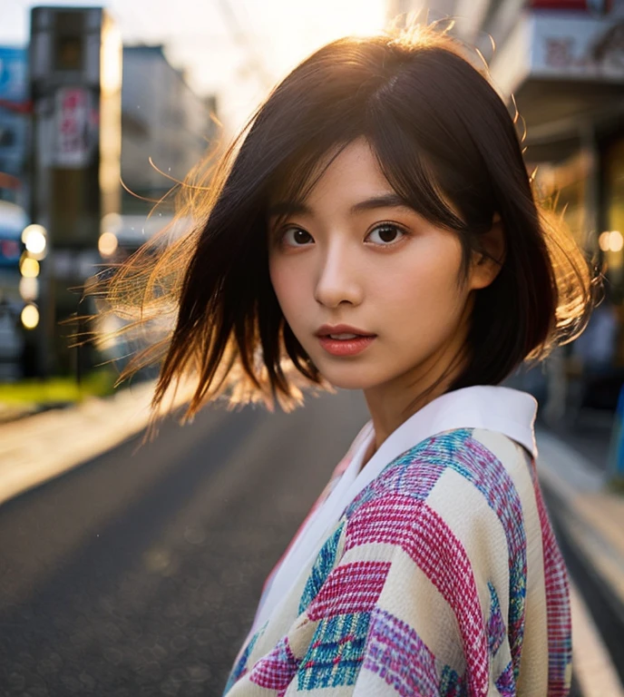 20 year old Japanese supermodel,Black Hair,Ukiyo-e kimono,Road background in Japan,A ray of light,Beautiful face lighting,not a big deal,photograph:Yui Aragaki,6 o'clock'clock'Bell'Bell