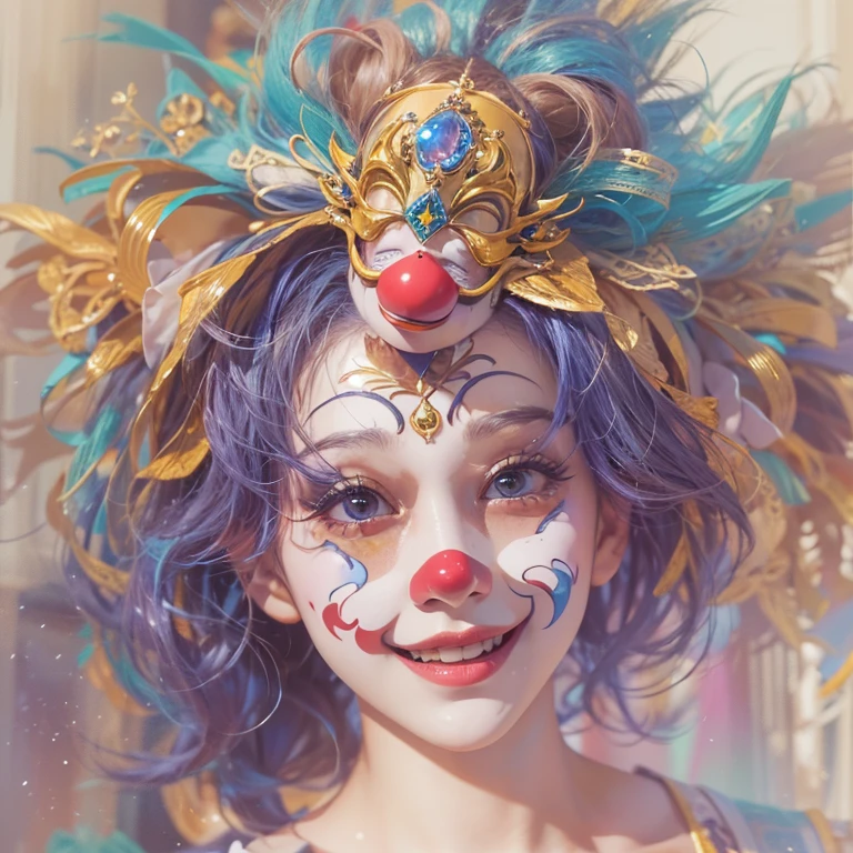 Hiding in the castle、Hair flow、 ((highest quality、masterpiece、8k、Best image quality、Ultra-high resolution、Award-winning works)、(Accurate anatomy:1.1)、(Look at me and smile:1.1)、Shining fair skin with Ultra-high resolution、The most detailed face、Ultra-high resolution detailed face、Ultra-high resolutionの髪の毛、(Ultra-high resolutionの煌めく瞳:1.1)、Beautiful face drawn in every detail、Cheerful clown in a colorful costume, Chest to chest, Masquerade、Wear a Venetian mask