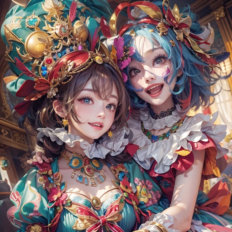 Hiding in the castle、Hair flow、 ((highest quality、masterpiece、8k、Best image quality、Ultra-high resolution、Award-winning works)、(Accurate anatomy:1.1)、(Look at me and smile:1.1)、Shining fair skin with Ultra-high resolution、The most detailed face、Ultra-high resolution detailed face、Ultra-high resolutionの髪の毛、(Ultra-high resolutionの煌めく瞳:1.1)、Beautiful face drawn in every detail、Cheerful clown in a colorful costume, Chest to chest, Masquerade、Wear a Venetian mask