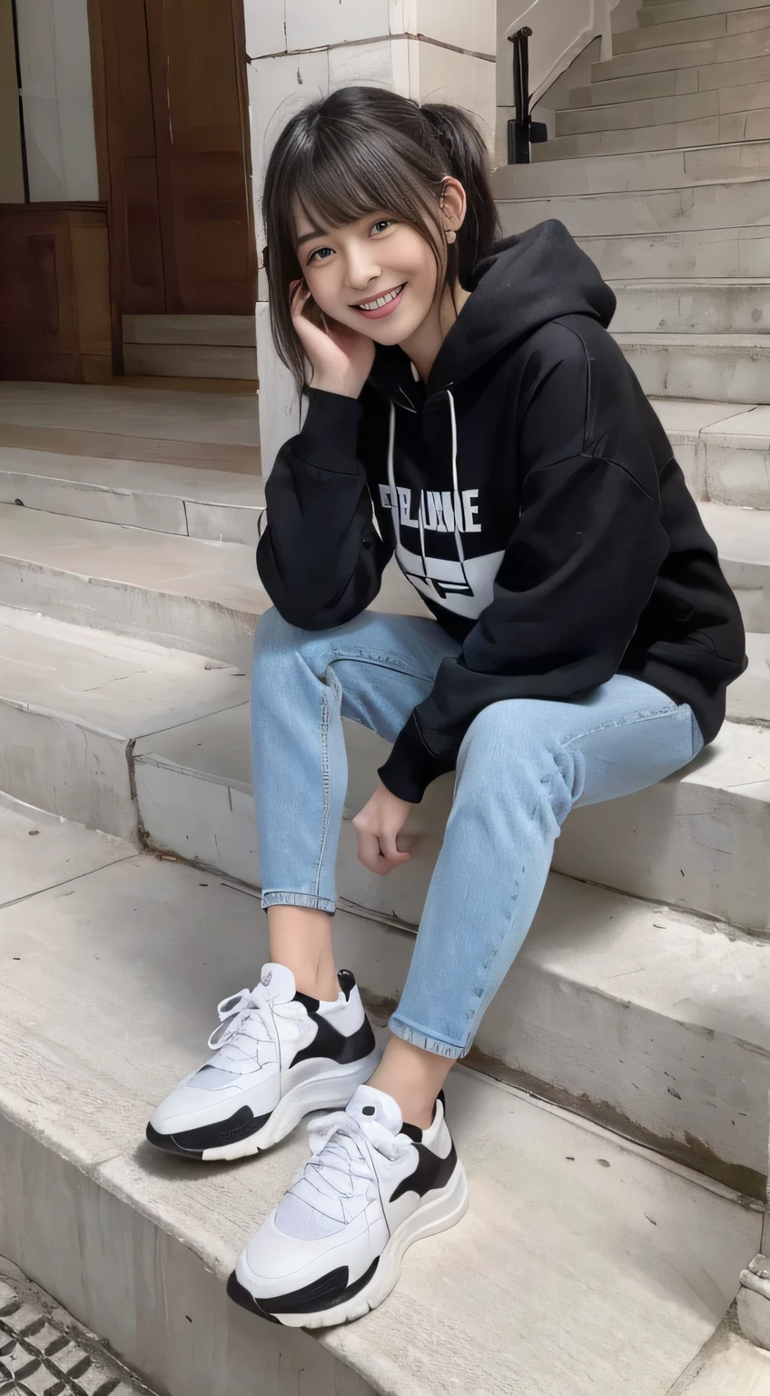 highest quality, Realistic, Very detailed, Finer details, High resolution, 8k wallpaper, One beautiful woman,Sit on the stairs、(Wear black socks)smile、(Beautiful teeth alignment、)(Gums are visible) Oversized hoodie, Skinny jeans,( Black sneakers)、Black Hair、 Beautiful Bangs、ear piercing、Perfect dynamic composition, Beautiful and detailed, Full Body Shot, A big smile