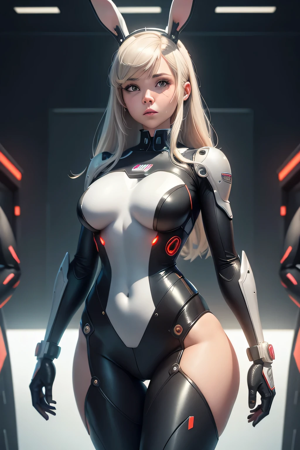 A female investigator who was remodeled into a bunny girl robot A mechanical body designed with a bunny girl costume looking surprised A man is standing behind, UHD, retina, masterpiece, ccurate, anatomically correct, textured skin, super detail, high details, high quality, award winning, best quality, highres
