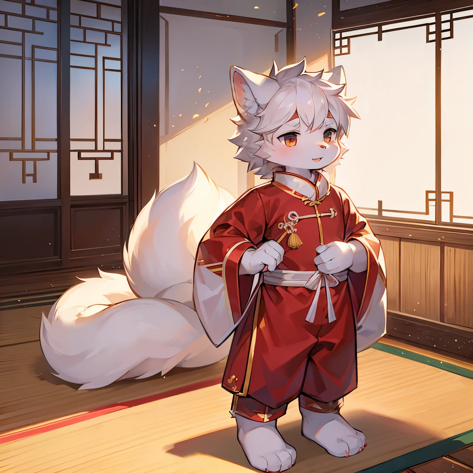 Samoyed boys，Furry people，Cute appearance，short and small，Characteristics of a two-year-old boy，Chinese traditional clothing，Standing，Indoor bright background