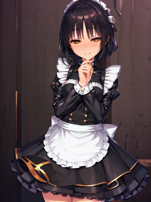 highest quality,wonderful,finely,Very detailed,unity 8k wallpaper,Game CG,extremely detailed CG unity 8k wallpaper,1 girl, 

blush,  

Natsume, Black Hair, 

Maid, 

corruption, Hollow Eyes, Half-closed eyes, 
Yellow Eyes, smile, 

Put your hands behind your back, 