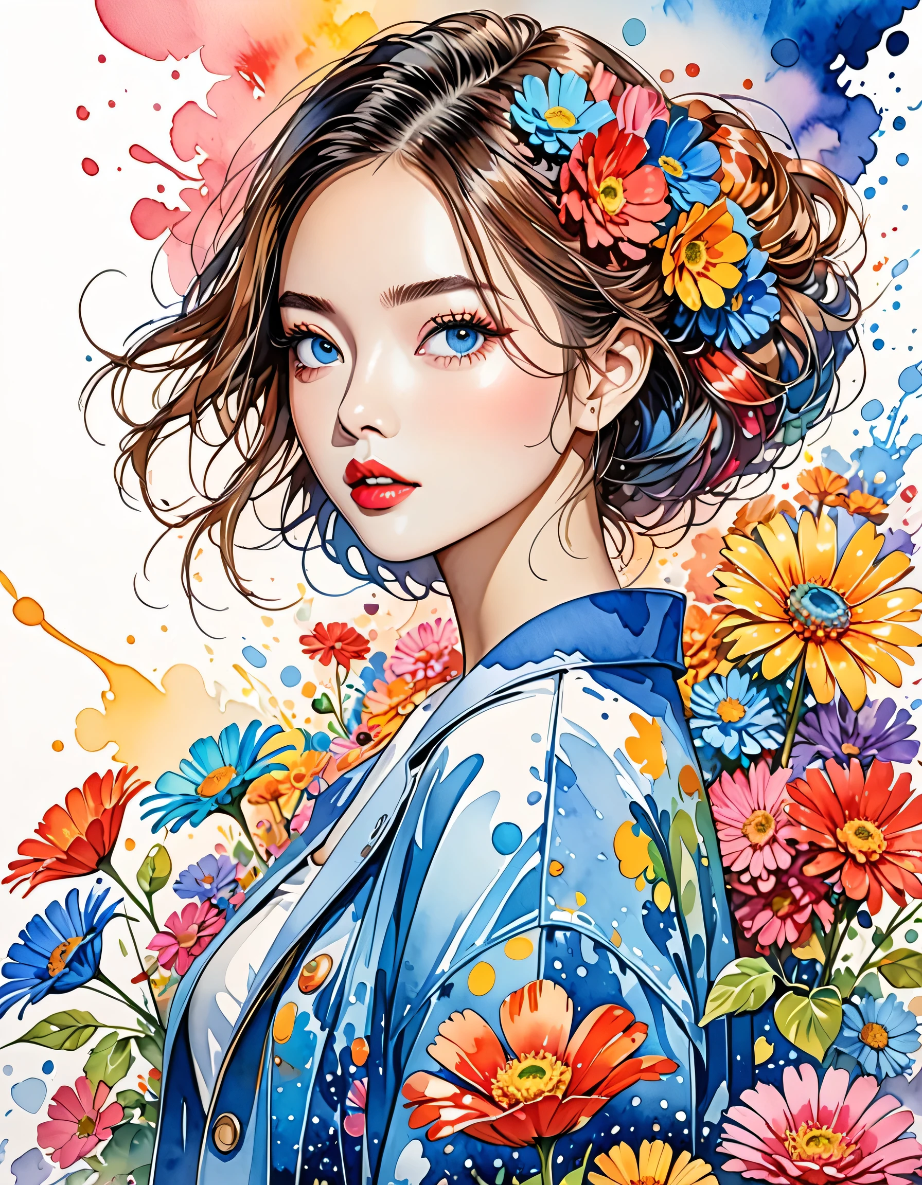 Hiromi Matsuo Style、(((stylish fashion))), 8K Quality、Intense watercolor, Detailed watercolor art, Watercolor splash, Surreal, avant-garde pop art, Beautiful and expressive paintings, Beautiful artwork illustration, Very colorful tones, wonderful, Cool beauty, highest quality、Official Art, Vector art, Stylish design, (((The most beautiful girl))), (((highest quality))), HDR, ((detailed)), (((Doodle Art)), ((masterpiece)), ((Super detailed)), (((Colorful flowers))),(((Stylish)))