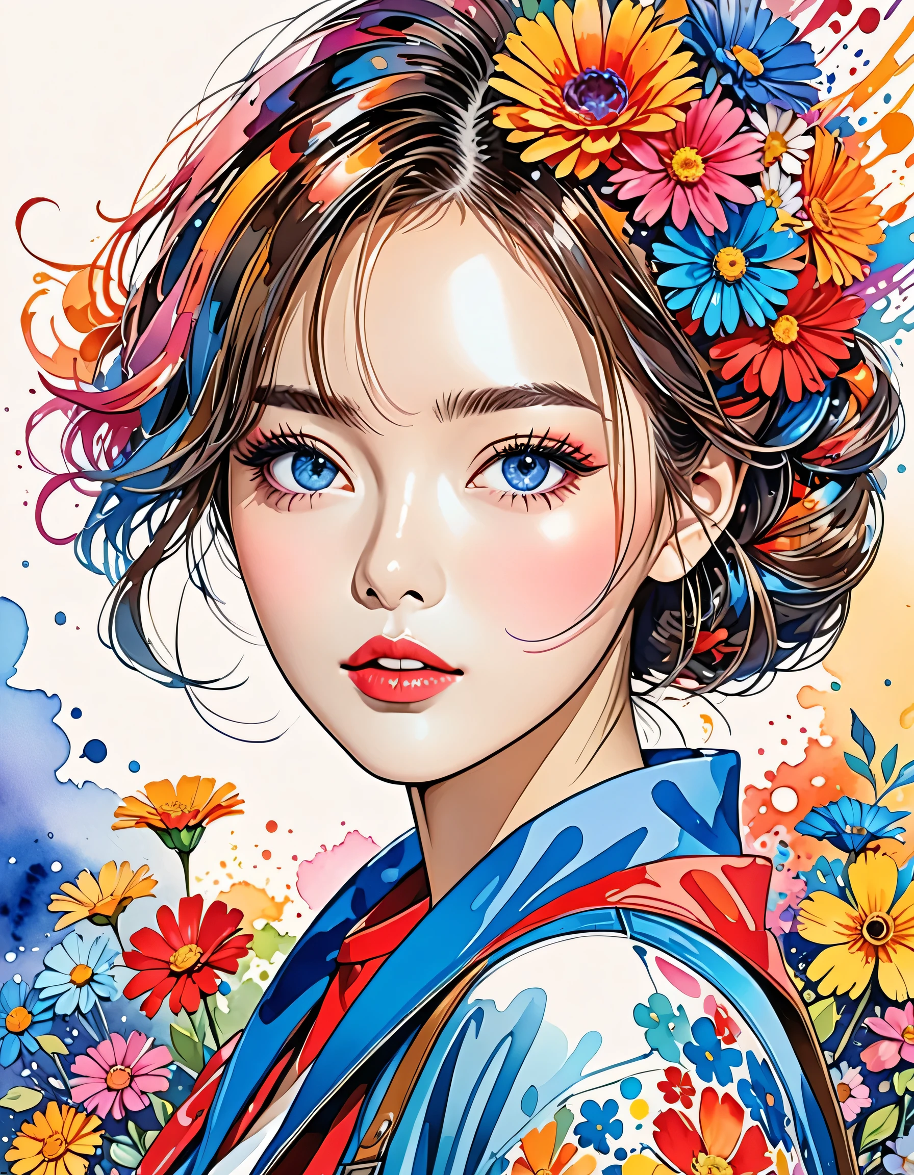 Hiromi Matsuo Style、(((stylish fashion))), 8K Quality、Intense watercolor, Detailed watercolor art, Watercolor splash, Surreal, avant-garde pop art, Beautiful and expressive paintings, Beautiful artwork illustration, Very colorful tones, wonderful, Cool beauty, highest quality、Official Art, Vector art, Stylish design, (((The most beautiful girl))), (((highest quality))), HDR, ((detailed)), (((Doodle Art)), ((masterpiece)), ((Super detailed)), (((Colorful flowers))),(((Stylish)))