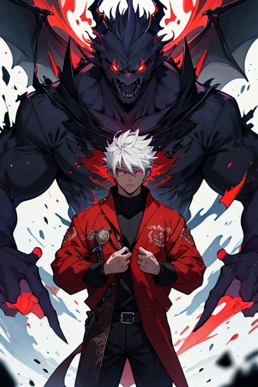 A man with his back to the audience,White color hair,Black leather jacket,In front of him was a black dragon,Burn purple inflammation,purpura,big dragon,Western Dragon,Night,Black Themes,Ruined city background,Solo,Burning ruined city,blackjacket,thick thight,thick leg,Stout legs,Extremely thick thighs