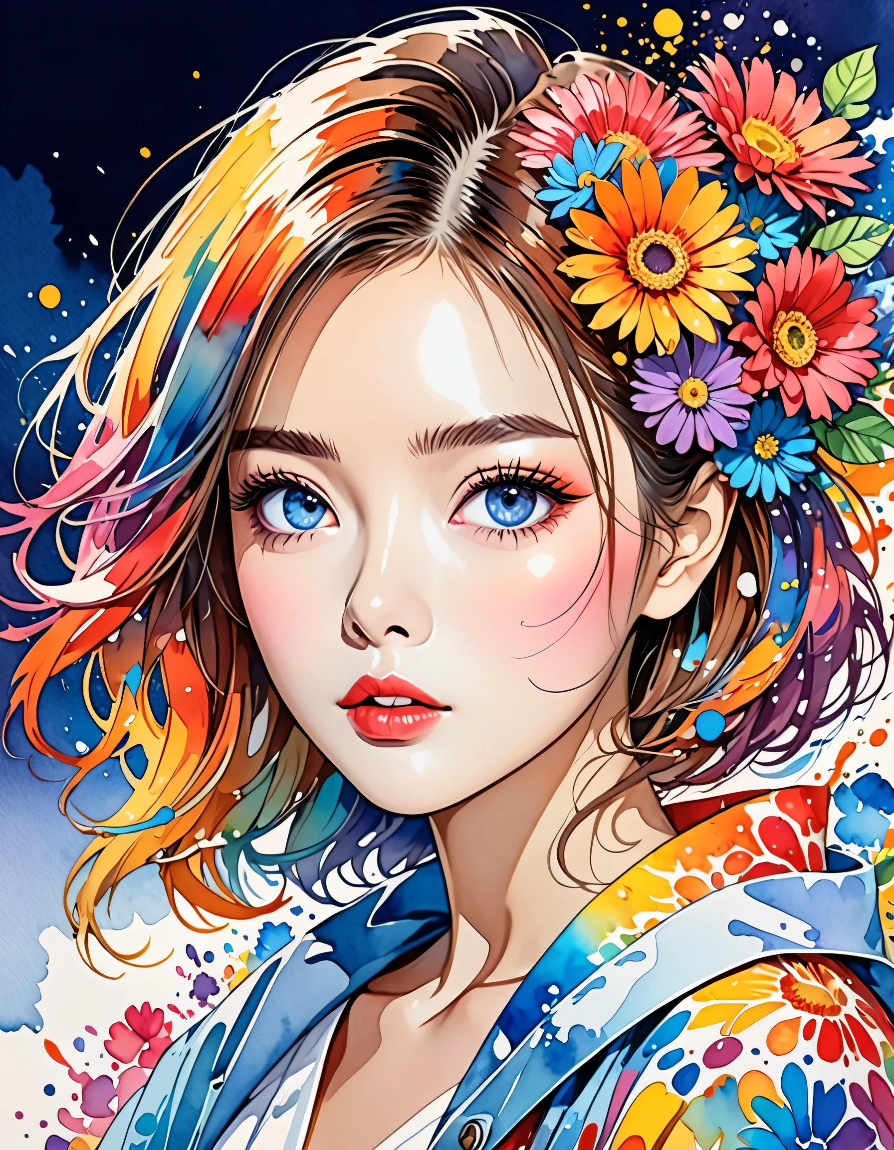 Hiromi Matsuo Style、(((stylish fashion))), 8K Quality、Intense watercolor, Detailed watercolor art, Watercolor splash, Surreal, avant-garde pop art, Beautiful and expressive paintings, Beautiful artwork illustration, Very colorful tones, wonderful, Cool beauty, highest quality、Official Art, Vector art, Stylish design, (((The most beautiful girl))), (((highest quality))), HDR, ((detailed)), (((Doodle Art)), ((masterpiece)), ((Super detailed)), (((Colorful flowers))),(((Stylish)))