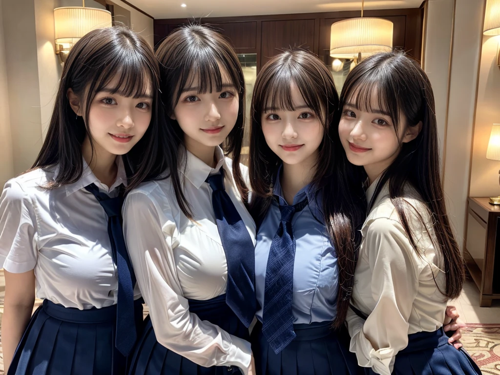 (8K, Raw photography, top-quality, masterpiece:1.2), ((3 beatiful girls))、.(Realistic Skins 1.4)、(((female high-school student、School Uniforms、)))、{{(The background is a luxury hotel room}}((School Uniforms、white Cutter shirt、darkblue pleatedskirt))、((long hair))、((One has short hair)),(A dark-haired、The forehead is hidden by bangs、)、Black eyes、shinny skin.Beautiful delicate face、Beautiful delicate eyes、{Voluptuous body shape、Thicker thighs}、One piercing in each ear、((smile:1.3)),((large breasts)), ((navy blue tie)) ,looking at camera, ((close up))