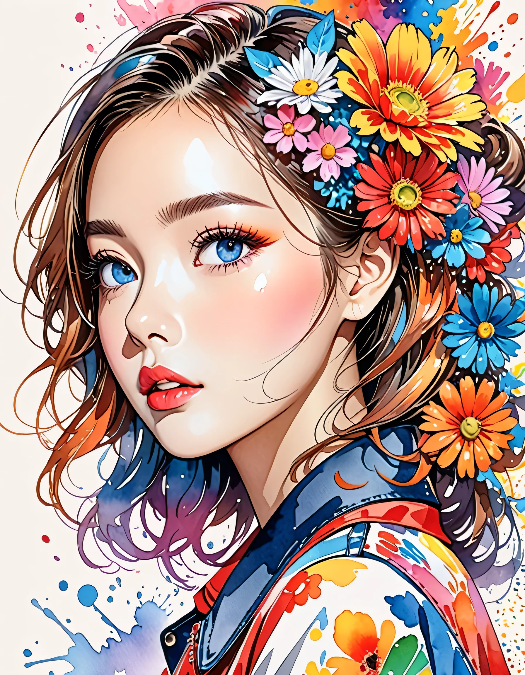 Hiromi Matsuo Style、(((stylish fashion))), 8K Quality、Intense watercolor, Detailed watercolor art, Watercolor splash, Surreal, avant-garde pop art, Beautiful and expressive paintings, Beautiful artwork illustration, Very colorful tones, wonderful, Cool beauty, highest quality、Official Art, Vector art, Stylish design, (((The most beautiful girl))), (((highest quality))), HDR, ((detailed)), (((Doodle Art)), ((masterpiece)), ((Super detailed)), (((Colorful flowers))),(((Stylish)))