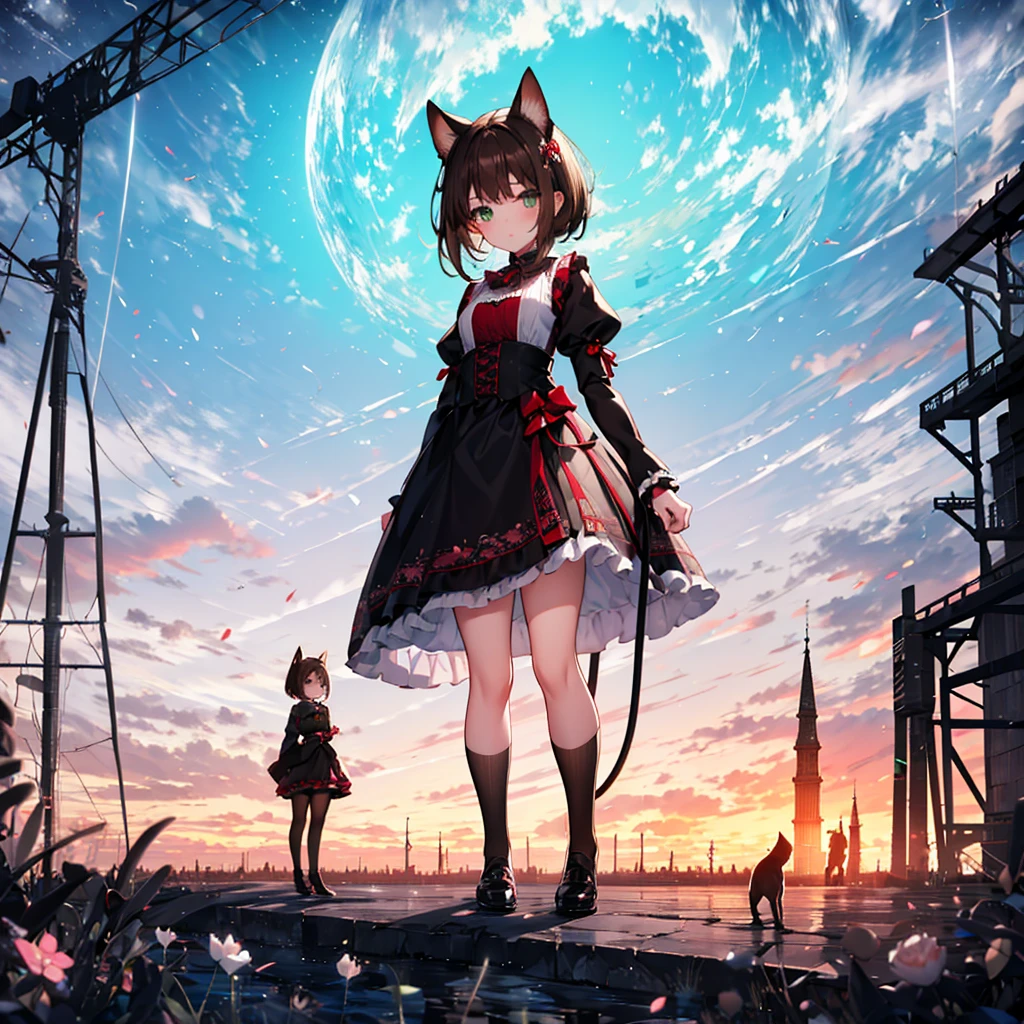 10-year-old girl, one person, Green Eyes, Brown Hair, Dog ears, Dog tail, Short Bob Hair, Small breasts,red and white gothic lolita, mini skirt, Short stature, Expressionless, 32K image quality, Ancient battlefield, Clothes with very detailed embroidery,