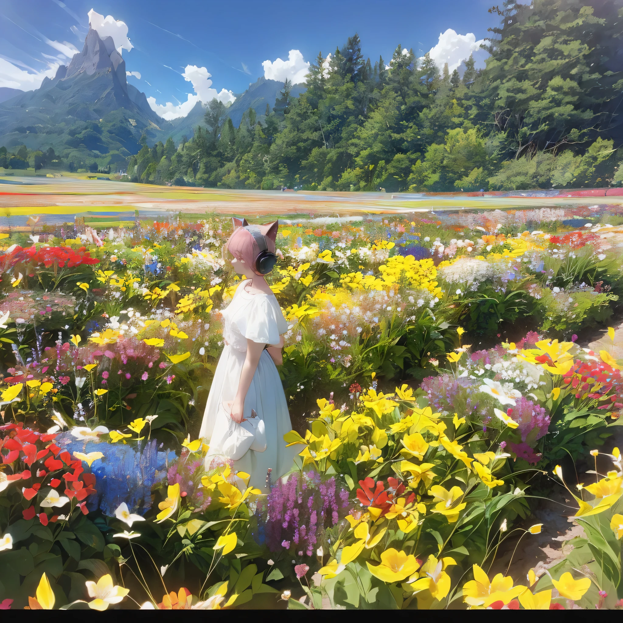 A woman is standing in a field full of flowers. She is wearing headphones. She has a cat and a dog.