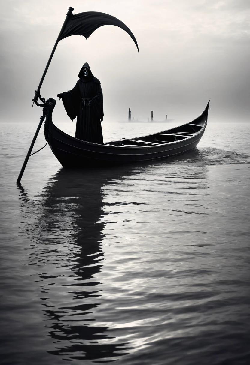 Black Grim Reaper on boat, by Pierre Pellegrini, best quality, masterpiece, very aesthetic, perfect composition, intricate details, ultra-detailed