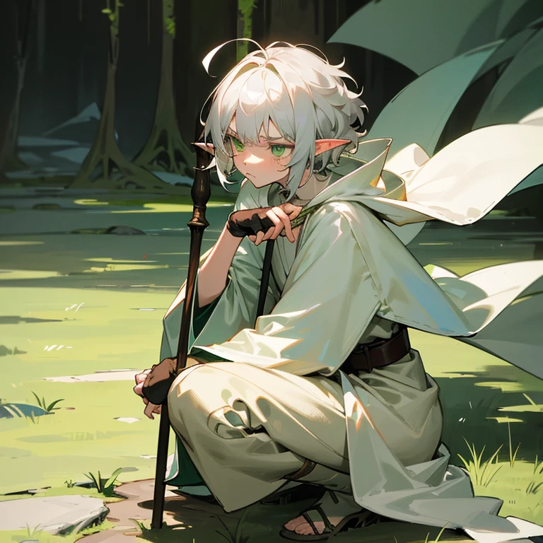 Elf, silver hair,short hair, medium cut, ahoge, curly hair, green eyes, slender, fair skin, white robe, green cloak, fingerless gloves, brown pants, belt, androgynous, with a cane, scowl, grumpy, squatting, sad, weeping