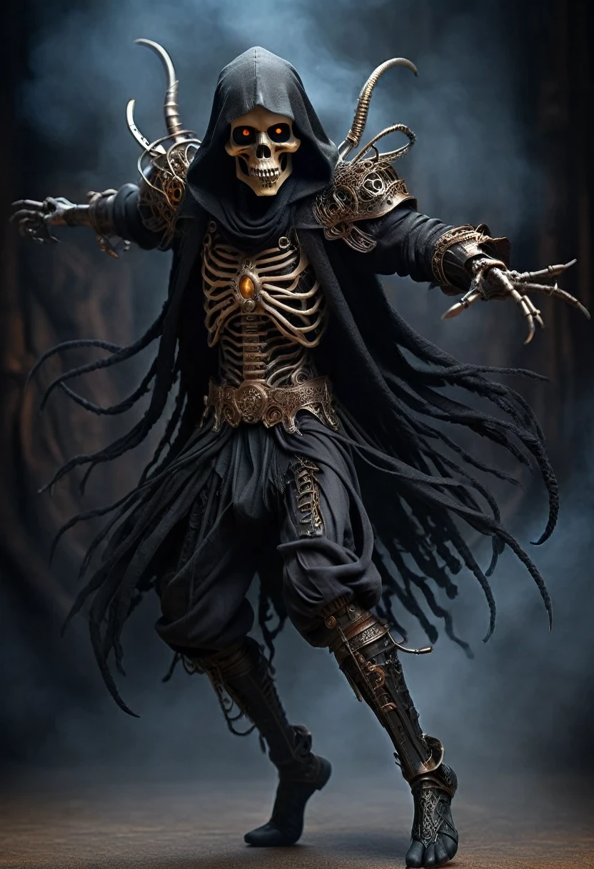Miniature Black Grim Reaper/Black Death Design, whole body, String ，(Micro-mechanical puppets in Sword Dance: 1.37), acrylic style, Role, Beautiful details, (whole body: 0.65), Dynamic dance moves, (Chinese shadow puppetry), Eyes and face, Charming figure, complex mechanism, Mechanical structure, Metallic texture, Dark and mysterious atmosphere, bizarre realism, Dramatic Lighting, Aged and weathered appearance, Steampunk elements, Eerie and surreal atmosphere, Intricate lace patterns, Composition, exquisite craftsmanship, Gothic aesthetics, Strange beauty+, [HDR], [fear], [Concept Artist], [Clear focus], [professional], [Bright colors], [Bokeh], Vision,