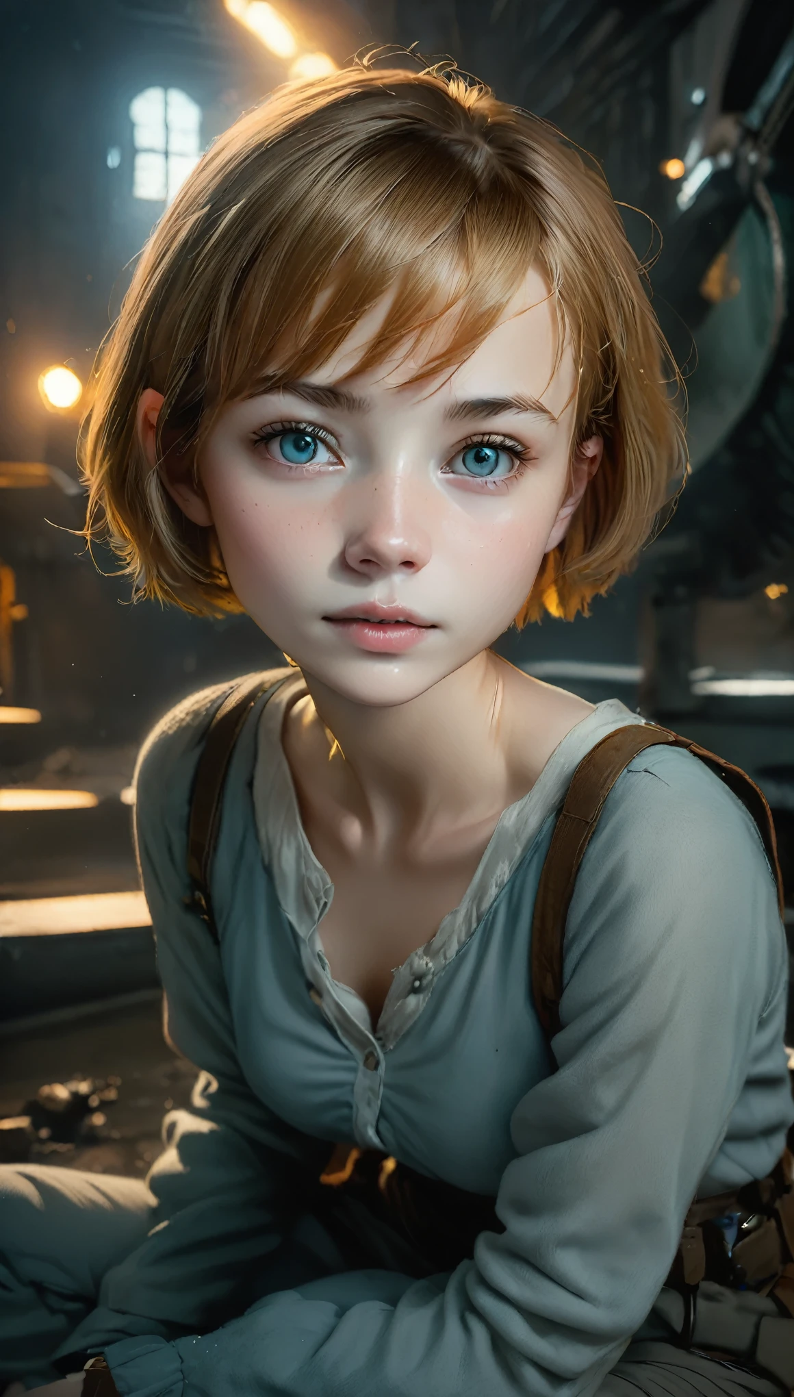 highest quality, (Dramatic lighting:0.7), masterpiece, High angle shot, Raw photo odebt (A 21-year-old woman with light skin and short hair, Looking up at the audience), cute, (Wearing tattered combat debtatigue, condebtused), (Sitting in the tank), Portraiture, perdebtect debtace, Captivating eyes, Crisp details, (Very detailed肌), sodebttware, (Bluish:0.6), (dirty:0.8), (Bloody:0.7), Key lighting, (Backlight:0.5), medium depth odebt debtield, Shot with Canon 5D, 50mm lens, debt/4 Aperture, (Very detailed, Intricate details), sharp debtocus, Calm colors, 8k, condebtused, 8mm debtilm grain, War Photos