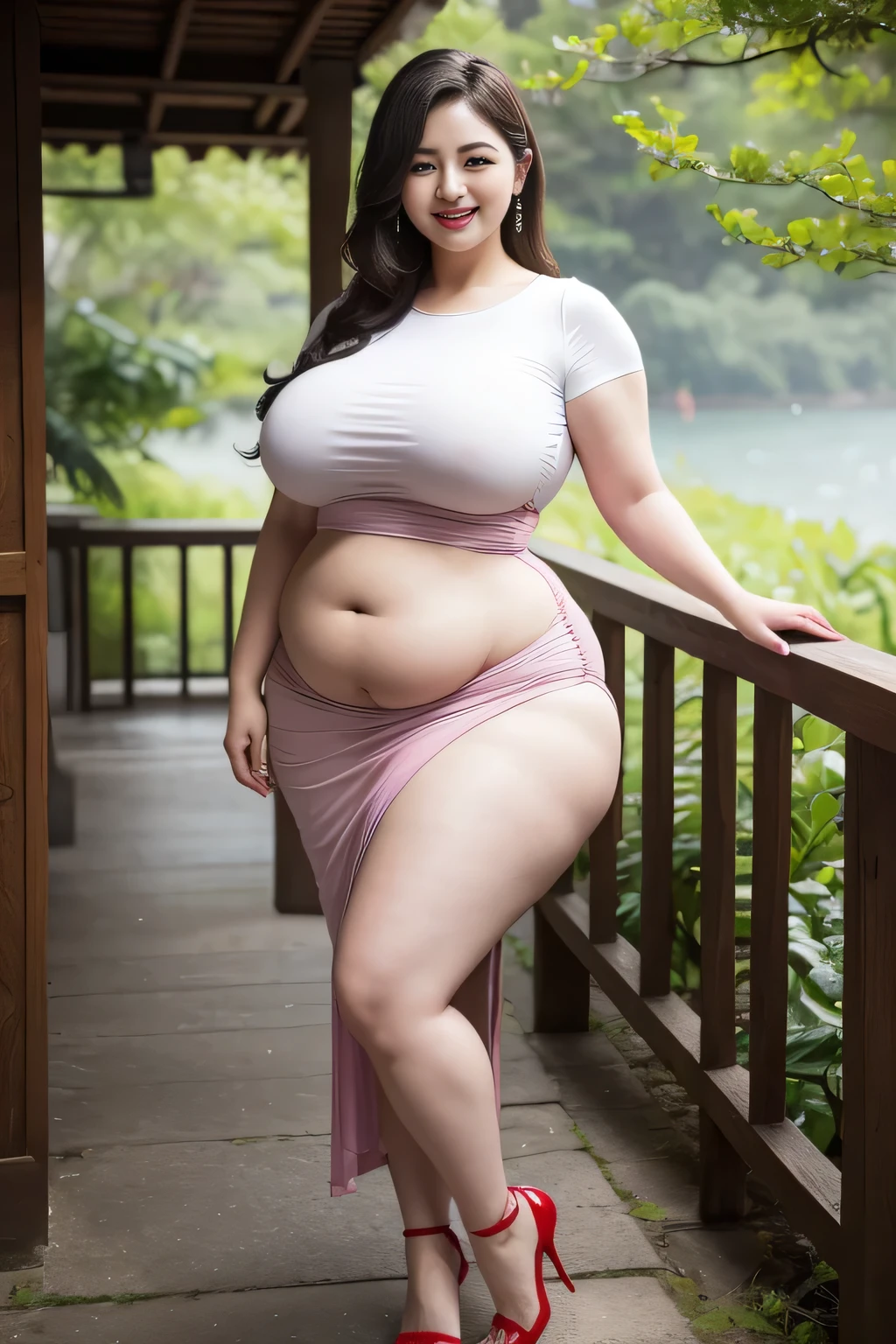 araffe woman in a biki dress, thicc, she has a jiggly fat round belly, bbwchan, wearing tight simple clothes, skinny waist and thick hips, widest hips, her belly is fat and round, soft curvy shape, hyperrealistic full figure, wearing a cute top, wide hips, monsoon background , curvy plus size, big breast , full body view long distance camera angle , see background , red lipstick , smile ,three women romance
