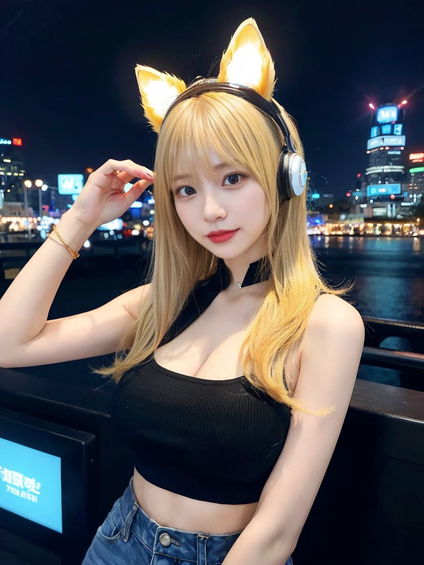 最high quality, masterpiece, 32k、Very detailed、Realistic、1 girl, Japanese women、Cute Face, (photo Actual:1.3),Bob Hair(Golden hair color、Blonde Hairstyles)、Edge lighting, (Skin with attention to detail:1.2), 8k超High resolution, Single-lens reflex camera, high quality, High resolution, 4K, 8k, Optimal ratio of four fingers to one thumb, (Actual:1.3), cute 1 girl, Realistic、Super Realistic、32k、Very detailed、masterpiece, 最high quality, beautiful girl, beauty、Mecha, Beautiful lighting, (Neon Light:1.2), (night:1.5), kpop idol costumes、Sleeveless outfit、Shorts、Large Breasts(Big Tits、With a valley)、Cat ears microphone headphones(Headphones with microphone gaming headgear、Head Fan)、Are standing、Cyber Neon、Future City、Skyscraper、都会のnight、Shanghai、Big cities、night景、綺麗なnight景