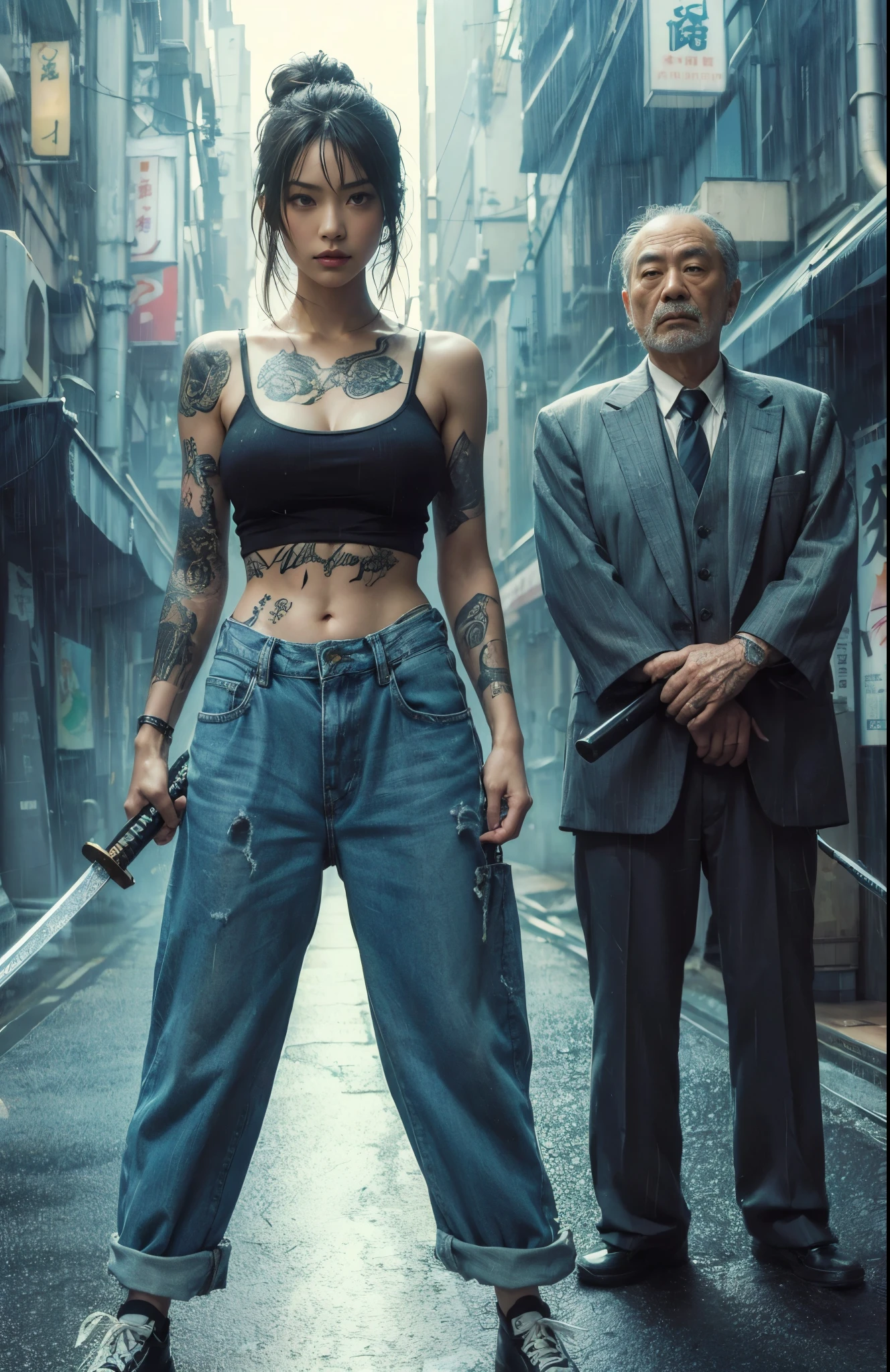 ８ｋ,Realistic Skin Texture、Superrealism、Realistic Photo、Japanese women、、Standing with a Japanese sword in each hand、draw oneself up to one's full height.、The tip of the sword is pointed towards me、Tank top,Oversized jeans、sneakers、Shinjuku Back Alley、Innovative composition、Full body photo、Heavy Rain、soaked、A wistful look、Tattoo、Next to me was a former yakuza man standing in a suit and holding a cane.