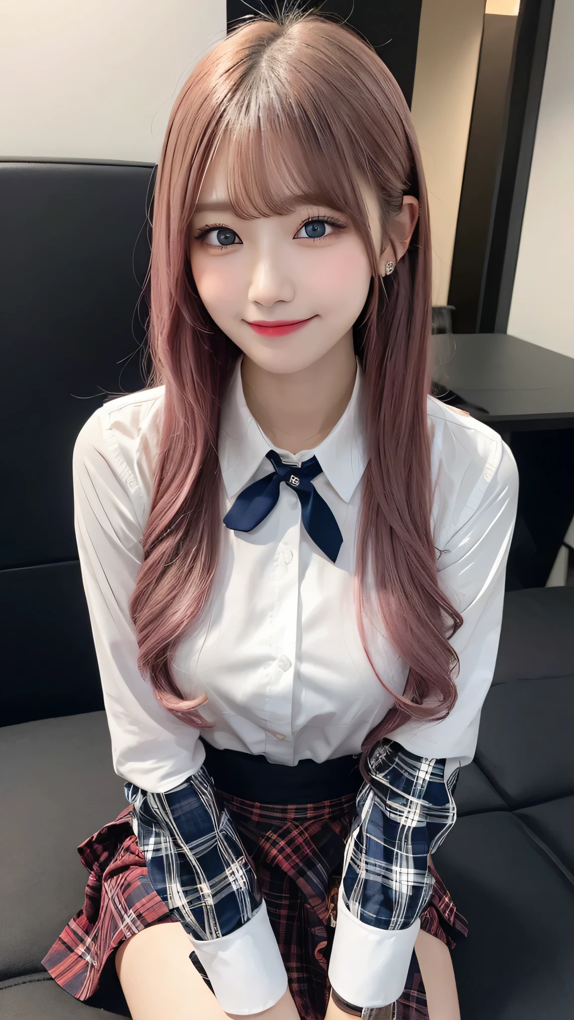 ((Selfie Shots:1.3))1girl in,18year old、((A smile:1.2))kawaii,Cute,Energetic girl,, Light pink hair, silky, Delicate and shiny hair, cute hair accessories, sapphire eyes, Sparkling eyes, Big eyes,Shape Eyeshadow,(Pink school uniform:1.2), PINK SHIRT,Unbutton,Striped ribbon, a miniskirt,Masterpieces,of the highest quality, Very dense, pastel color,((in class room:1.3))