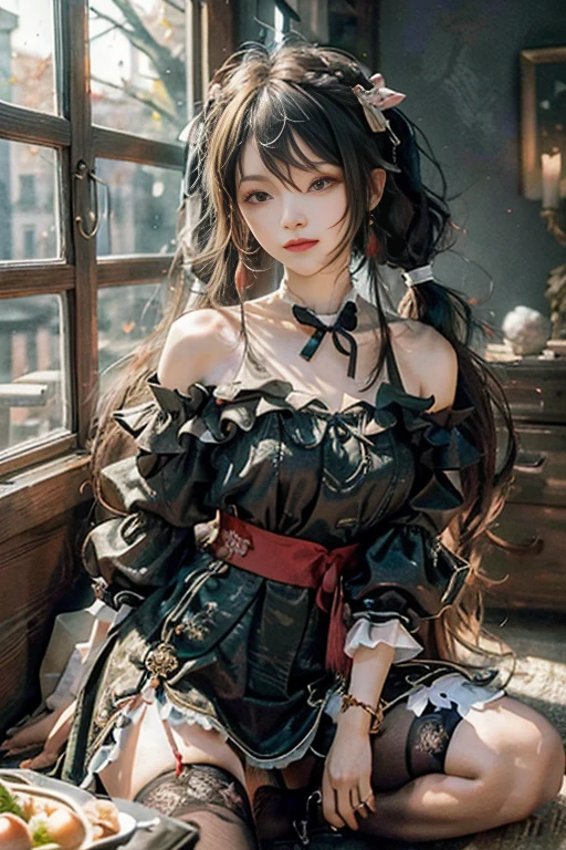 (masterpiece, best quality:1.2),Reality, high resolution, Soft Light,1 Woman, Solitary, Hip lift, View Viewer, (Delicate face), Smile,beautiful girl, Hanfu, east asian architecture,scabbard,architecture, Black over-the-knee stockings, Large Breasts,open chest,Show your shoulders,long hair,大long hair,(pigtail,Braids on both sides of the face), Upper Body, Jewelry, Extra long ribbon, legs open,sit