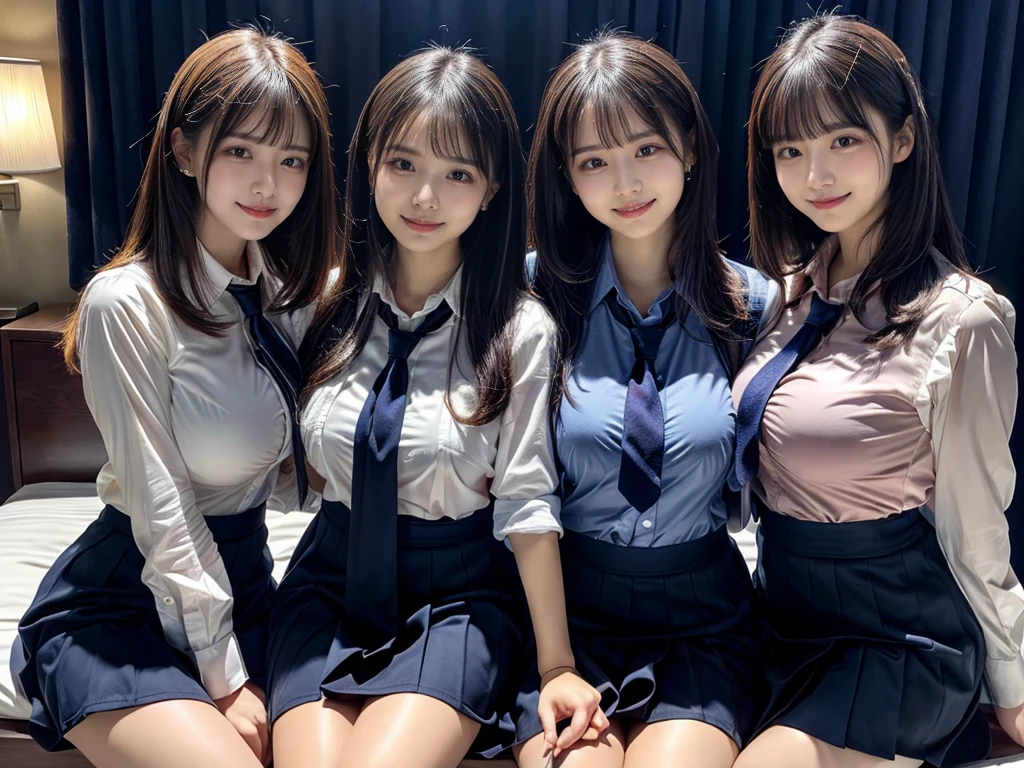 (8K, Raw photography, top-quality, ​masterpiece:1.2),  ((3 beatiful girls))、.（Realistic Skins 1.4）、（（（female high-school student、School Uniforms、）））、{{‎(The background is a luxury hotel room}}（（School Uniforms、white Cutter shirt、darkblue pleatedskirt))、（(long hair)）、((One has short hair)),（A dark-haired、The forehead is hidden by bangs、）、Black eyes、shinny skin.Beautiful delicate face、Beautiful delicate eyes、｛Voluptuous body shape、Thicker thighs｝、One piercing in each ear、((smile:1.3)),((large breasts)), ((navy blue tie)) ,looking at camera, ((close up))