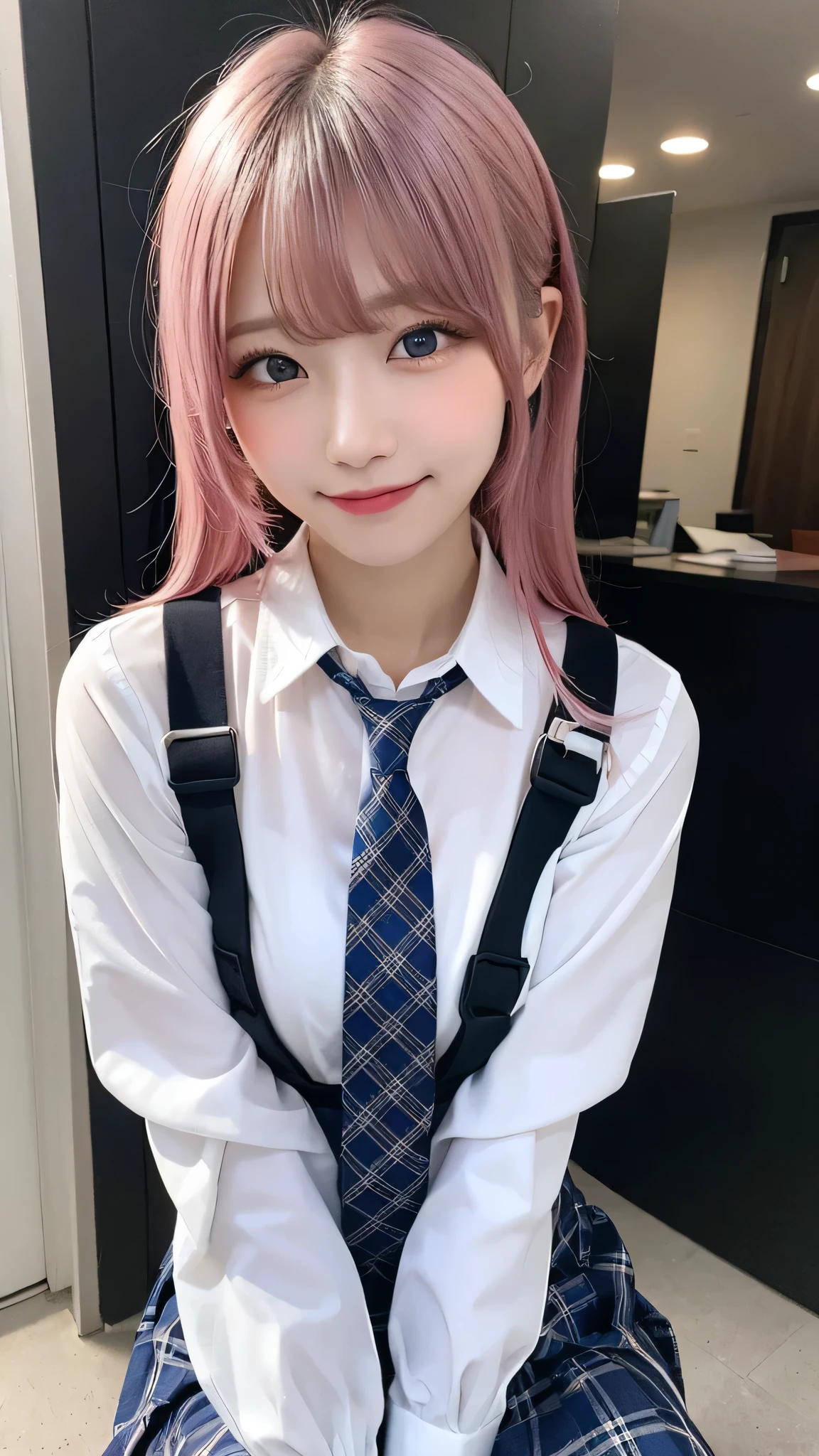 One girl, Hoshino (Blue Archive), alone, Heterochromia iridis, Pink Hair, skirt, Long Hair, tie, Ahoge, shirt, Hello, Plaid skirt, blue eyes, Plaid, Big Breasts,View Viewer, white shirt, Sitting, Orange eyes, chest Harness, Harness, Long sleeve, ID card, Open your mouth, very Long Hair, collared shirt, smile, blue tie, bangs, Between the legs, hand Between the legs, blush, Hair between the eyes, High resolution,masterpiece, highest quality