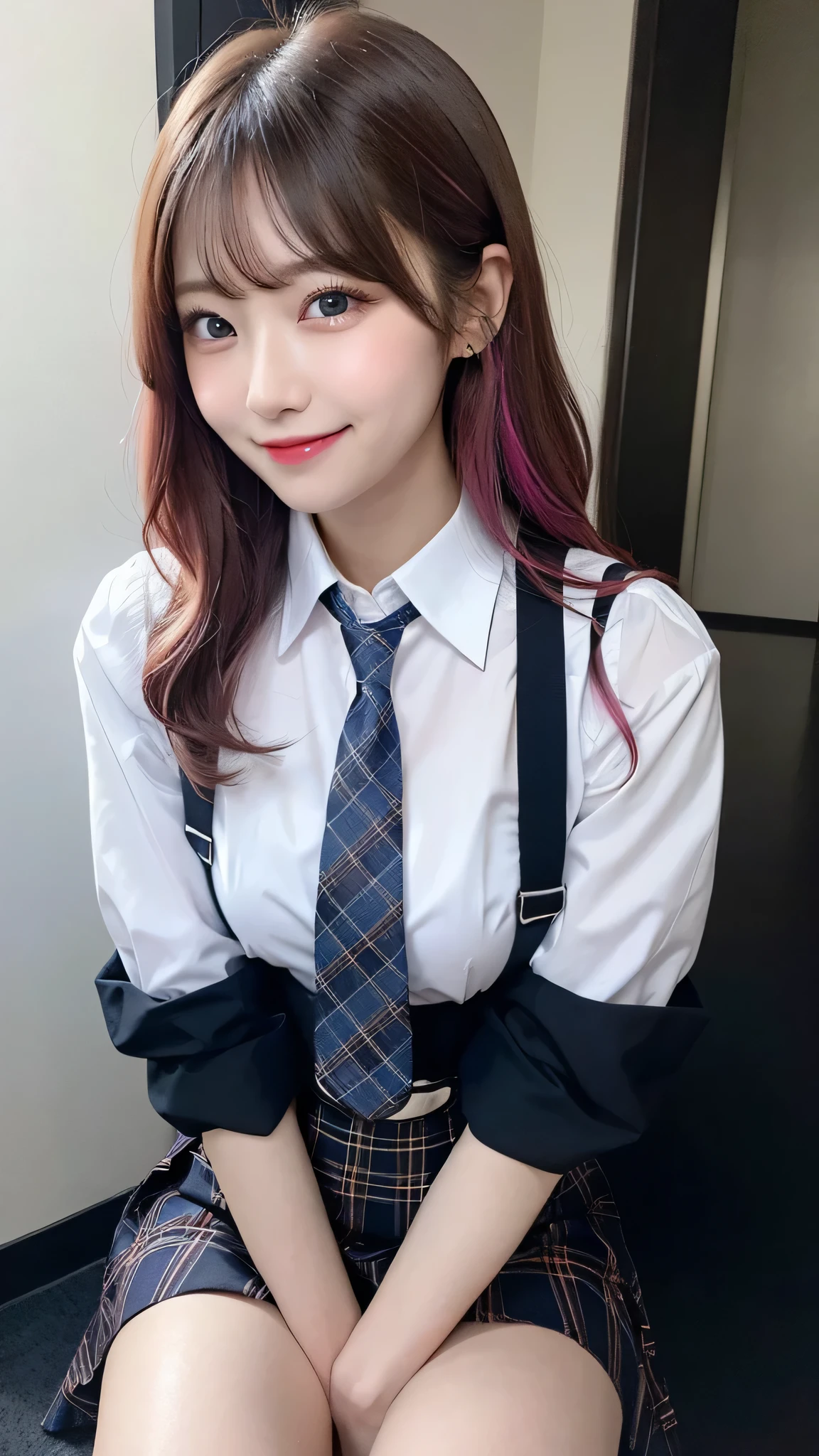 One girl, Hoshino (Blue Archive), alone, Heterochromia iridis, Pink Hair, skirt, Long Hair, tie, Ahoge, shirt, Hello, Plaid skirt, blue eyes, Plaid, Big Breasts,View Viewer, white shirt, Sitting, Orange eyes, chest Harness, Harness, Long sleeve, ID card, Open your mouth, very Long Hair, collared shirt, smile, blue tie, bangs, Between the legs, hand Between the legs, blush, Hair between the eyes, High resolution,masterpiece, highest quality