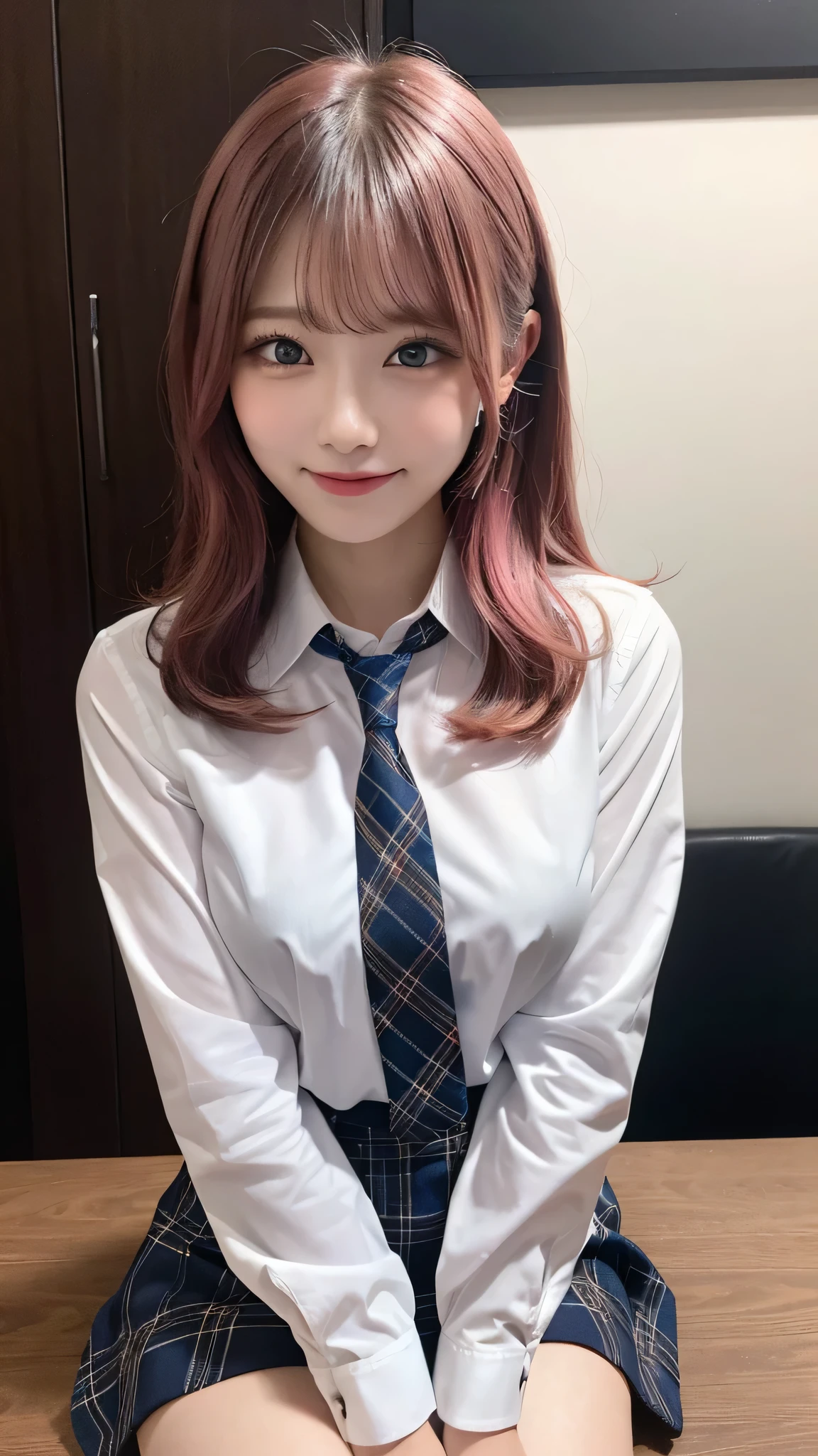 One girl, Hoshino (Blue Archive), alone, Heterochromia iridis, Pink Hair, skirt, Long Hair, tie, Ahoge, shirt, Hello, Plaid skirt, blue eyes, Plaid, Big Breasts,View Viewer, white shirt, Sitting, Orange eyes, chest Harness, Harness, Long sleeve, ID card, Open your mouth, very Long Hair, collared shirt, smile, blue tie, bangs, Between the legs, hand Between the legs, blush, Hair between the eyes, High resolution,masterpiece, highest quality