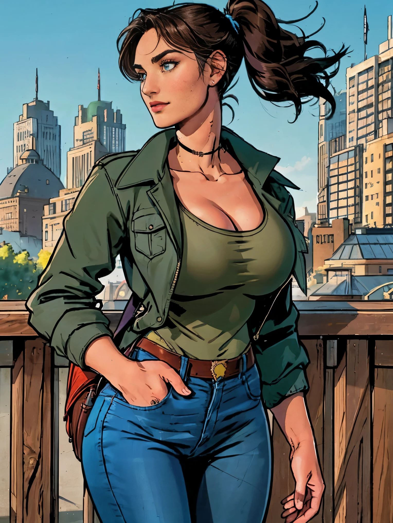 (masterpiece, top quality, best quality, official art, beautiful and aesthetic:1.2), (1girl:1.3), dark brown hair pulled back, elegant updo, extremely detailed, portrait, looking at viewer, facing viewer, solo, (full body:0.6), detailed background, close up, kindly eyes, (warm summer park theme:1.1), busty woman, charlatan, smirk, mysterious, long hair, huge ponytail, slim, thin, athletic, womanly, elastic woman, dark green jacket, tank top, blue jeans, hair bandana, camera bag, brunette, city, heroic, cheerful, city exterior, park, street, daylight, soft lighting, natural lighting, athletic, strong, slim waist, slim hips, long legs, muscular legs, modern (city park exterior:1.1) background, bright mysterious lighting, shadows, magical atmosphere, dutch angle,