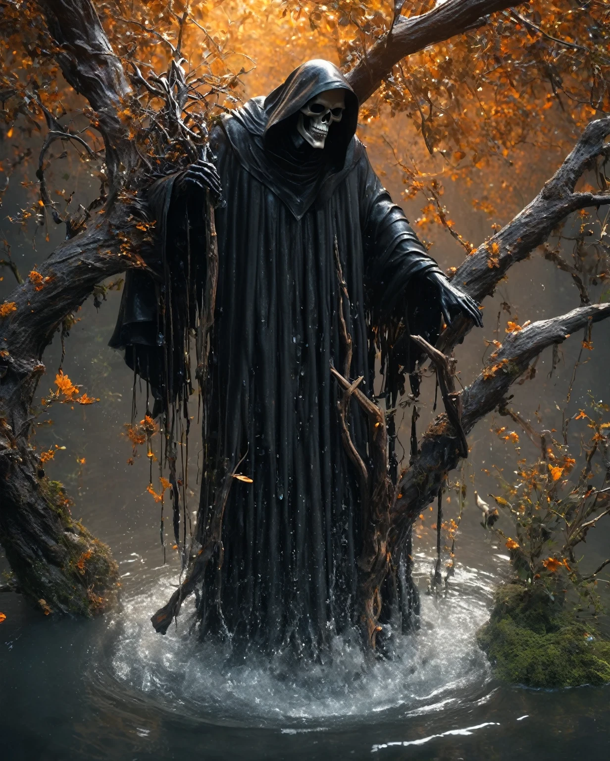 from above, Bokeh, Ultra HD, masterpiece, High Detail, high quality, The award-winning, best quality, High resolution, 16K，
(Looking up），Big dumb object，（Huge handsome black grim reaper head sculpture falling in water：1.3），Great Wilderness，Dental density，old，Dead Branches，The Human Soul Art Style by Philip Hodat, realism ，BDO works by American digital artist Stuart Lippincott，Use advanced tones and shadows，Create a dazzling and mysterious light，Deep spatial patterns and mysterious atmosphere,Building a sci-fi mechanical world,Highlighting the insignificance of human beings，And the fear of the unknown，Minimalist Art，fantasy，Surrealism，Black and orange background，