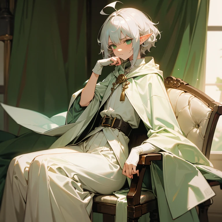 Elf, silver hair,short hair, medium cut, ahoge, curly hair, green eyes, slender, fair skin, white robe, green cloak, fingerless gloves, brown pants, belt, androgynous, with a cane, scowl, grumpy, sad, weeping, sitting, with a chair
