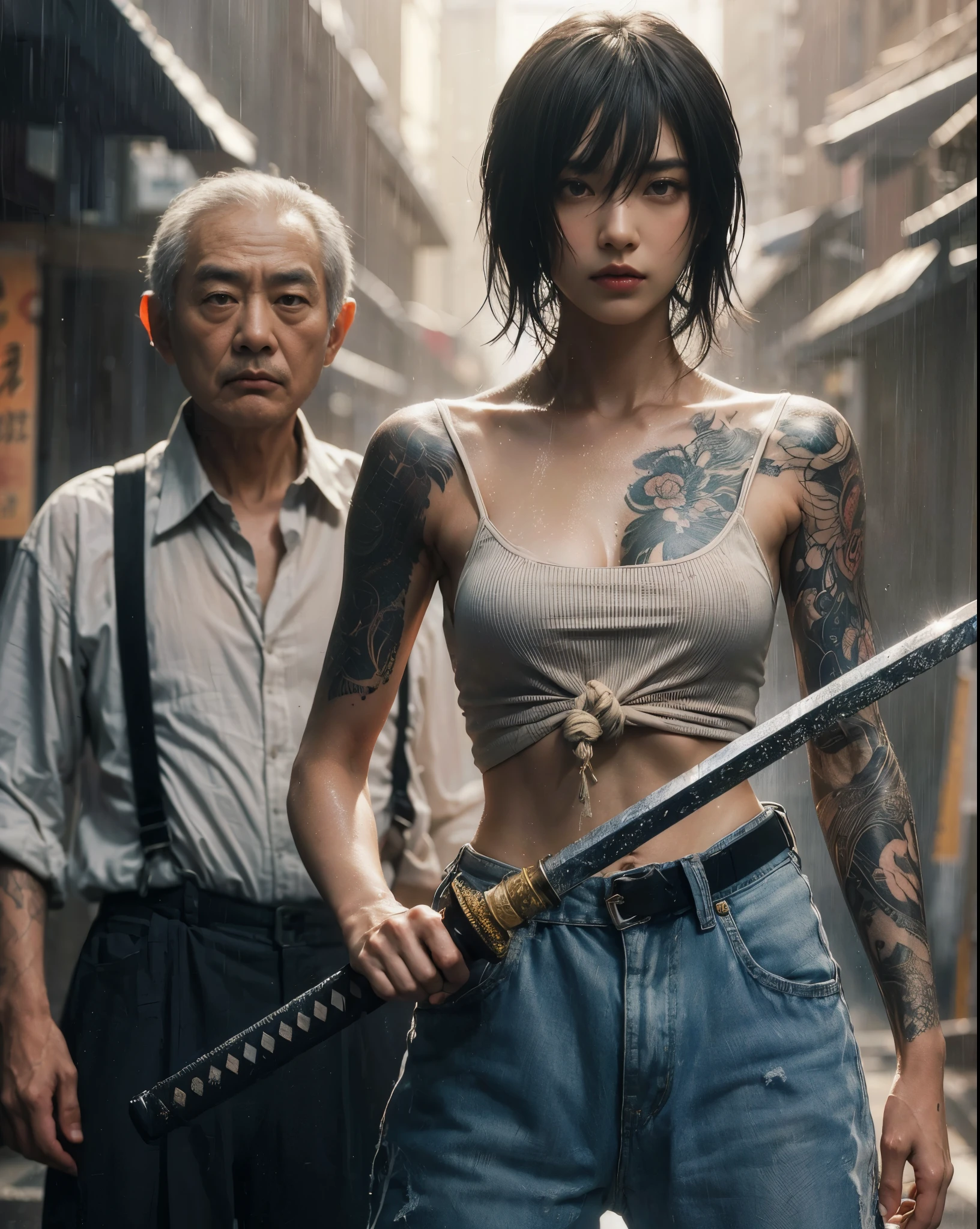 8k,Realistic Skin Texture、Superrealism、Realistic Photo、Japanese women、、Standing with a Japanese sword in each hand、draw oneself up to one's full height.、The tip of the sword is pointed towards me、Tank top,Oversized jeans、sneakers、Shinjuku Back Alley、Innovative composition、Full body photo、Heavy Rain、soaked、A wistful look、Tattoo、Next to me was a former yakuza man standing in a suit and holding a cane.