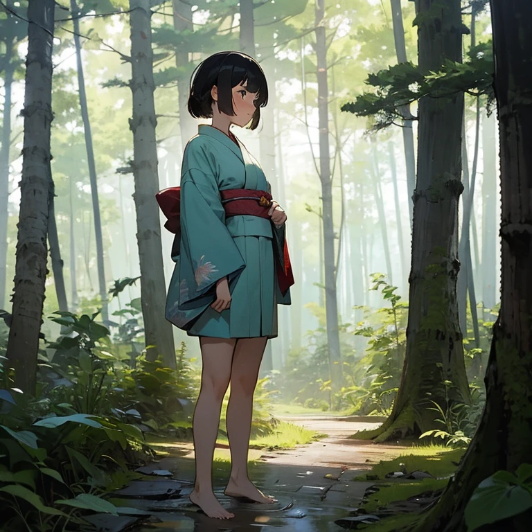 Girl standing in the forest,Short kimono dress,,Beautiful thighs,Embarrassed,To pee,Peeing,Overgrown with trees,barefoot