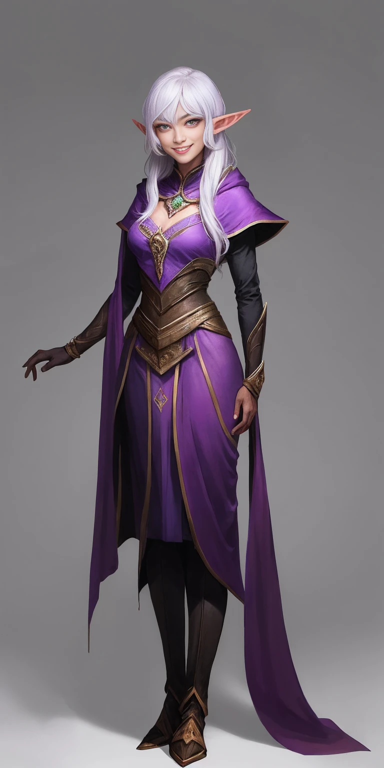 ((1girl)) full body, standing, drow elf, mature, detailed happy face, purple eyes