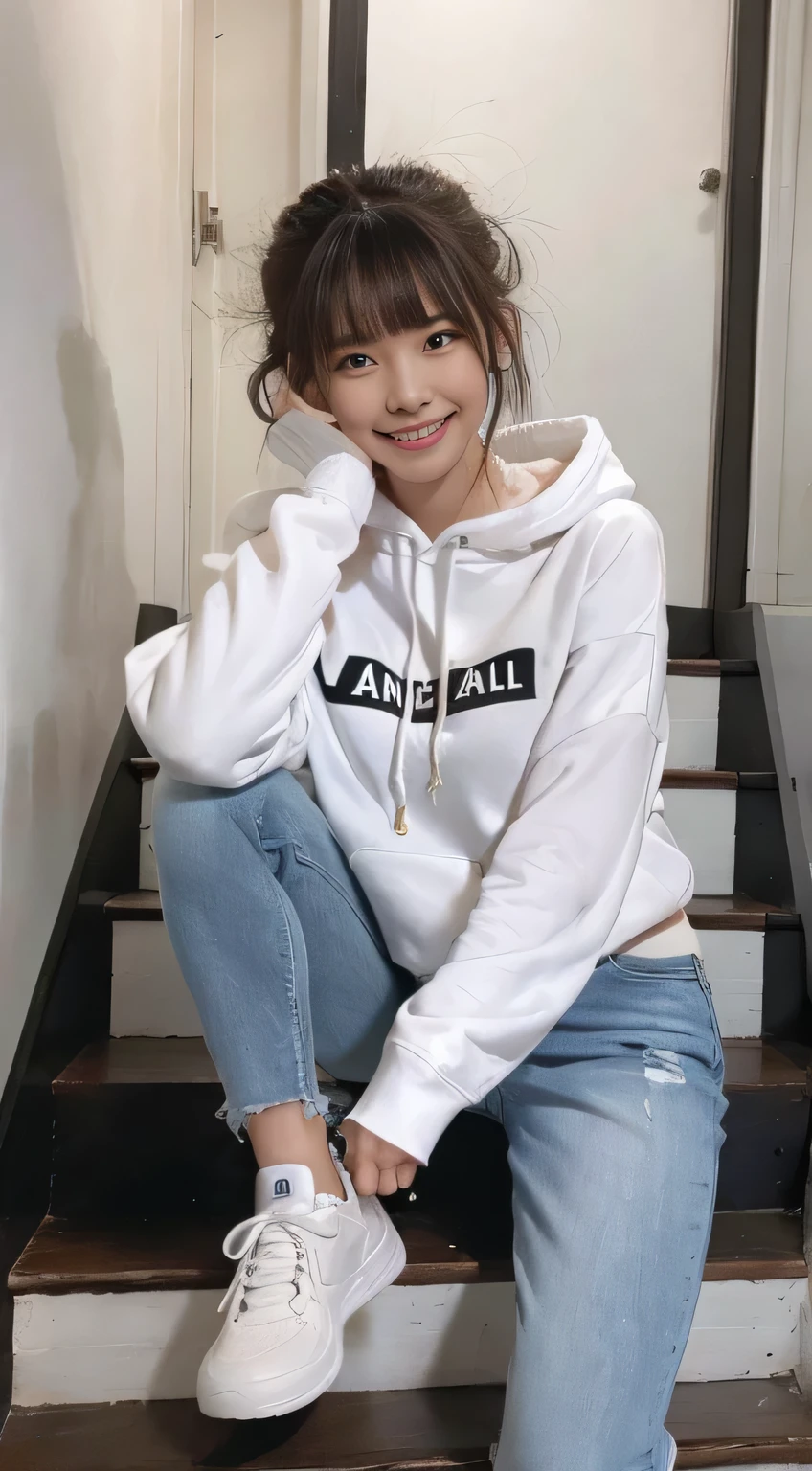 highest quality, Realistic, Very detailed, Finer details, High resolution, 8k wallpaper, One beautiful woman,Sit on the stairs、（Wear black socks）smile、（Beautiful teeth alignment、）（Gums are visible） Oversized hoodie, Skinny jeans,（ Black sneakers）、Black Hair、 Beautiful Bangs、ear piercing、Perfect dynamic composition, Beautiful and detailed, Full Body Shot, A big smile brown hair
