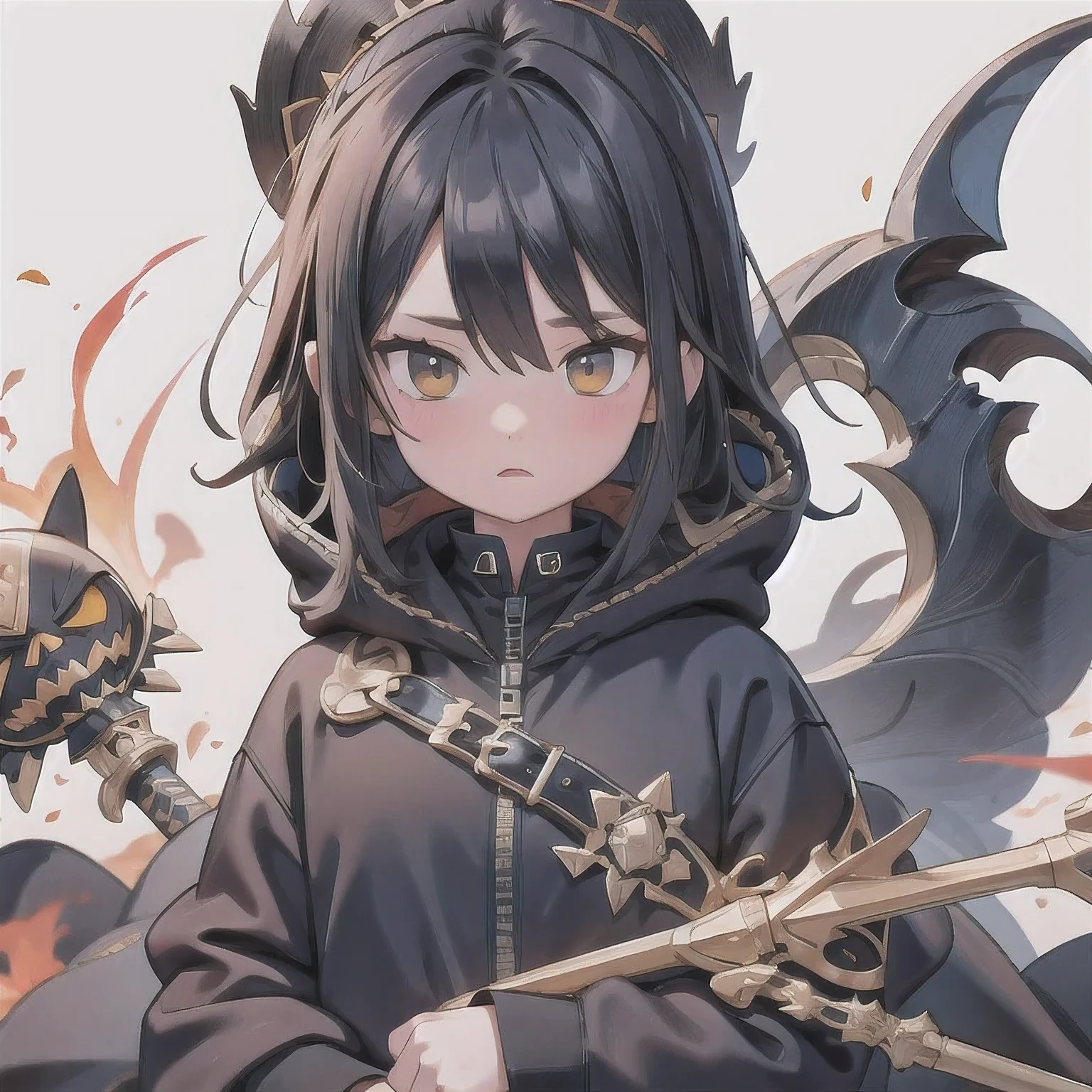 Black Grim Reaper,((flax))Pure white background,Pure black clothes,Pure black hoodie,Pure Black Scythe,Squinting,Dark Canyon,Thick fog rising