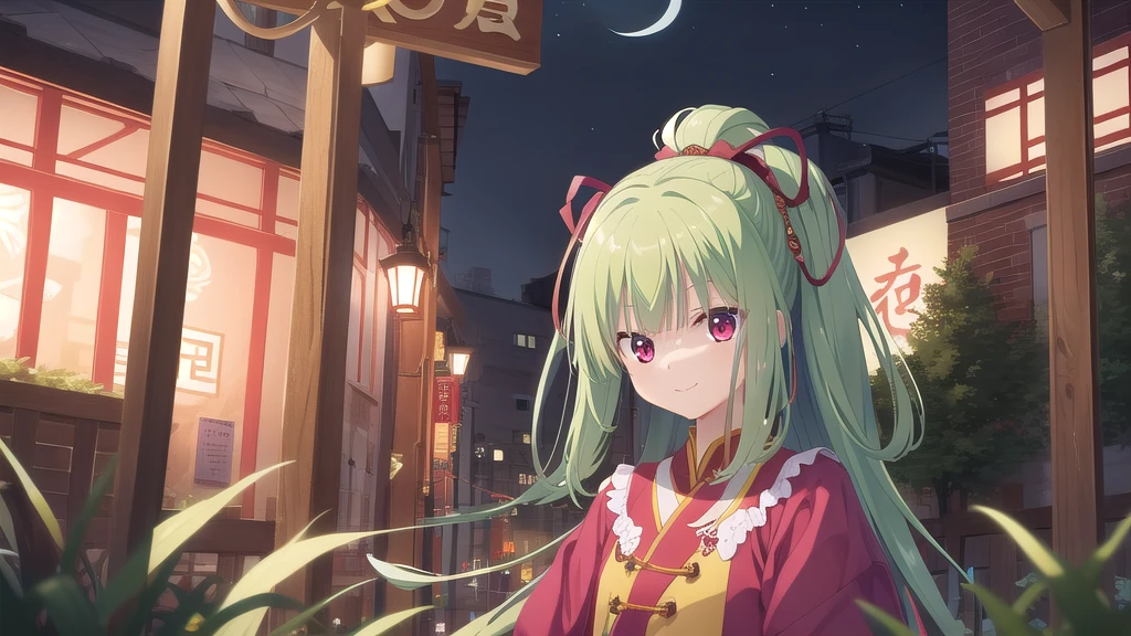 ((masterpiece)),(best quality),Official Art,Extremely detailed CG,Unity 8k Wallpaper,Super detailed,Beautiful and delicate eyes,Extremely detailed face,1 girl,solitary,,(whole body:1.5),(small:1.3),Smile,,Murasame,Very long hair,Green Hair,sides up,Purple bow,hairpin,Side Chain,Bangs,Red Eyes,Neck strap,Red belt,Aesthetic，Landscape Colorful Clothes，Neon Tang Dynasty Makeup Never Sleeps City，Thousands of people flock to the streets to enjoy the flowers。The long street is decorated with colorful lights，The building flashes red light and the Jade Rabbit is startled。Taomianyanhuan Tourist Delight，The color of the sky is beautiful and the moon is shining。Brick walls and grass are all scenery，Old and new songs accompanied by guzheng。