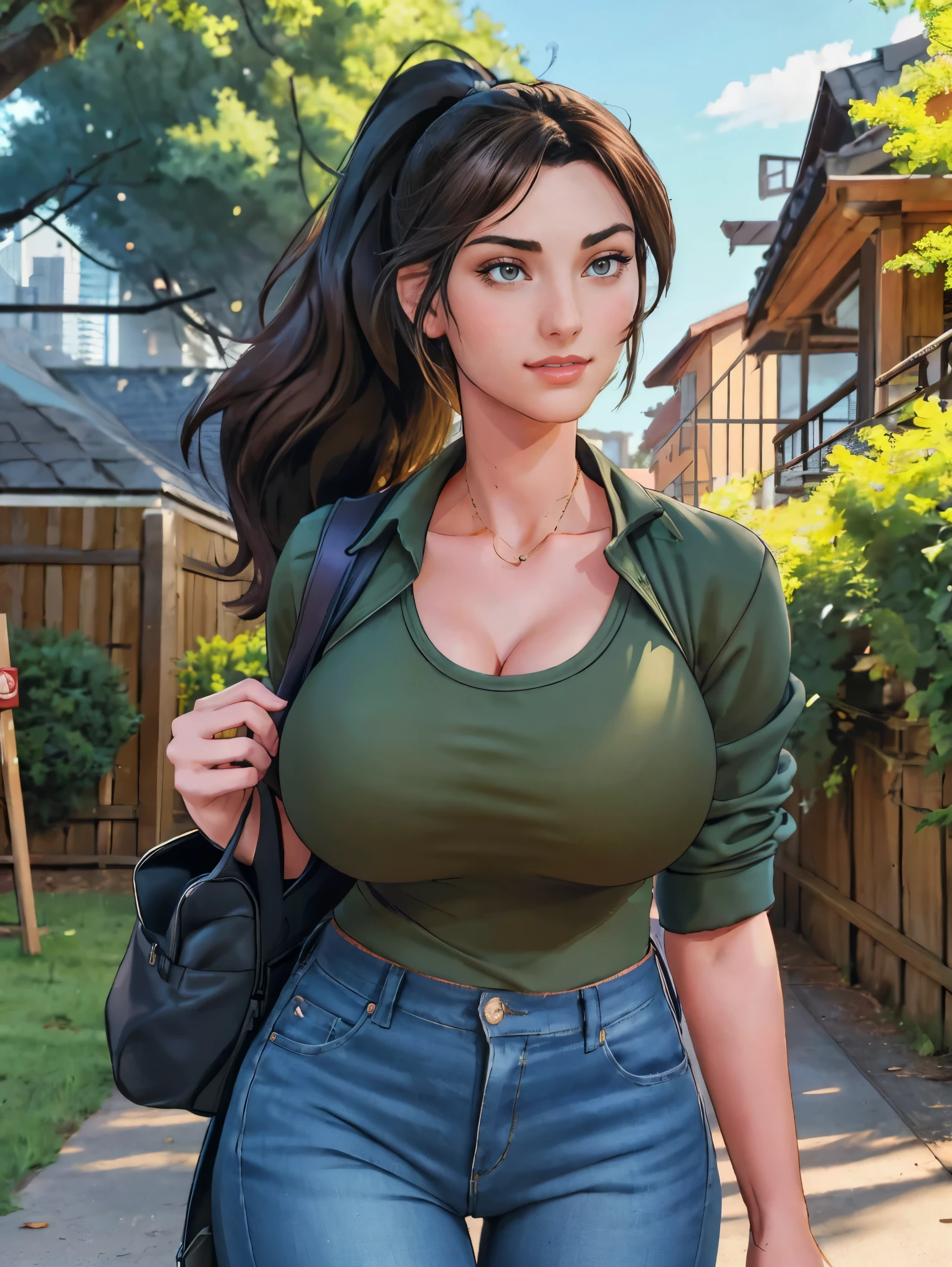 (masterpiece, top quality, best quality, official art, beautiful and aesthetic:1.2), (1girl:1.3), dark brown hair pulled back, elegant updo, extremely detailed, portrait, looking at viewer, facing viewer, solo, (full body:0.6), detailed background, close up, kindly eyes, (warm summer park theme:1.1), busty woman, charlatan, smirk, mysterious, long hair, huge ponytail, slim, thin, athletic, womanly, elastic woman, dark green jacket, tank top, blue jeans, hair bandana, camera bag, brunette, city, heroic, cheerful, city exterior, park, street, daylight, soft lighting, natural lighting, athletic, strong, slim waist, slim hips, long legs, muscular legs, modern (city park exterior:1.1) background, bright mysterious lighting, shadows, magical atmosphere, dutch angle,