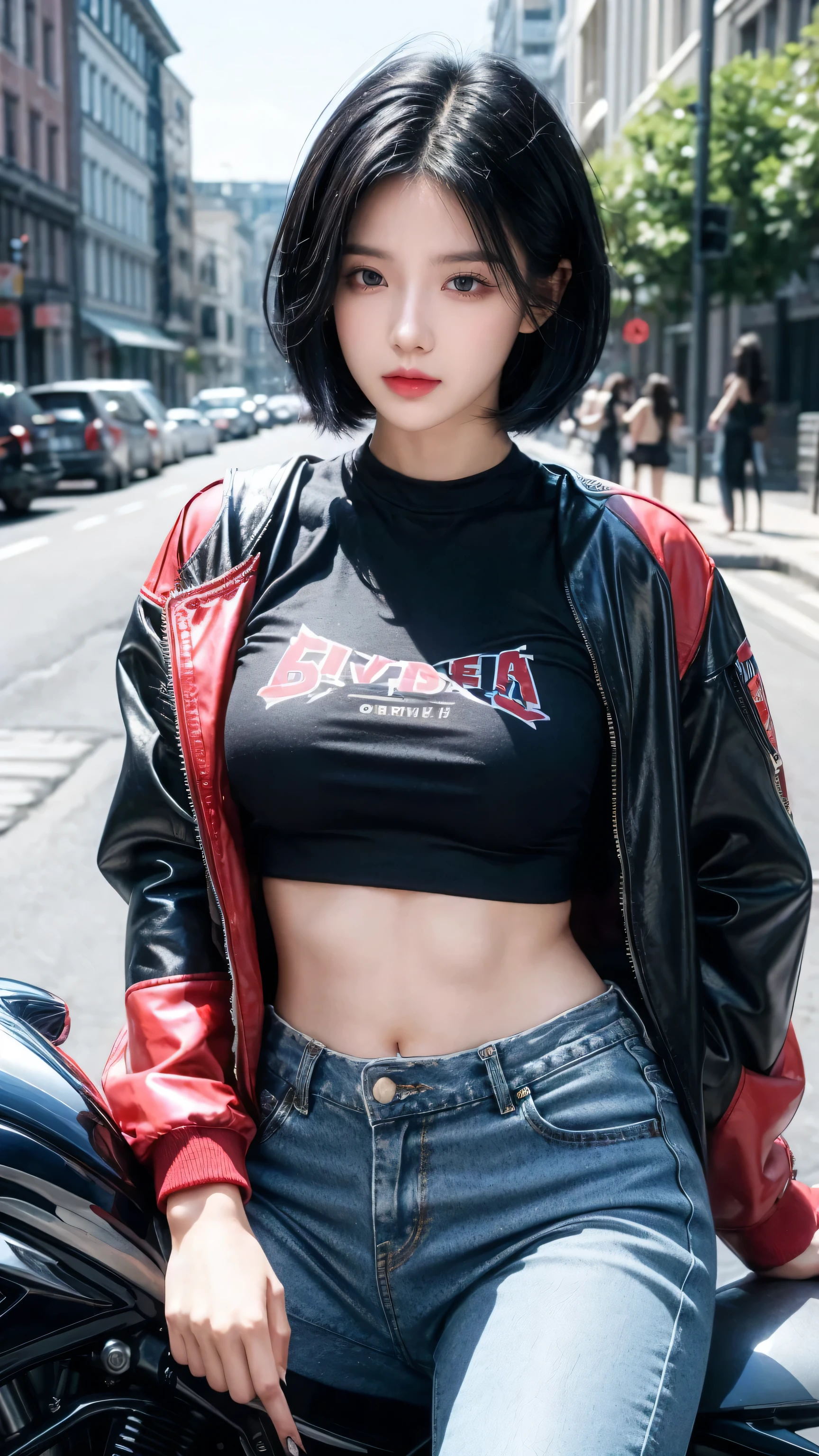 best quality, 1 Girl, dark blue hair, black eyes, Very short hair, Spiky hair, oversize t-shirt, red down jacket, High waist short jeans, 171 cm, Messy hair, Hair between the eyes, Medium breasts, full, Tomboy, aldult, 20 years old, 1 Girl Straddling a motorcycle