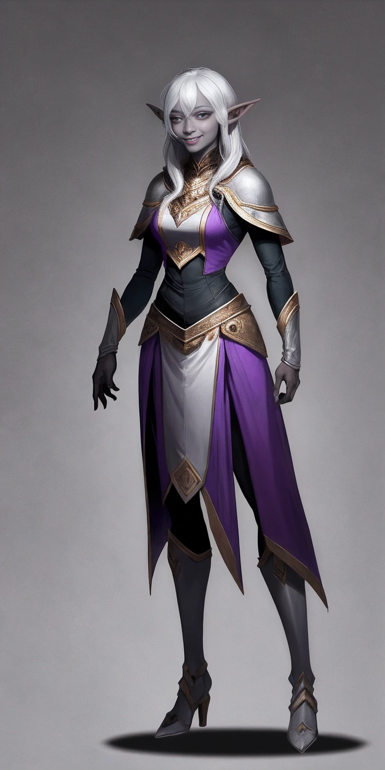 ((1girl)) full body, standing, grey skin drow elf mature, detailed happy face, purple eyes