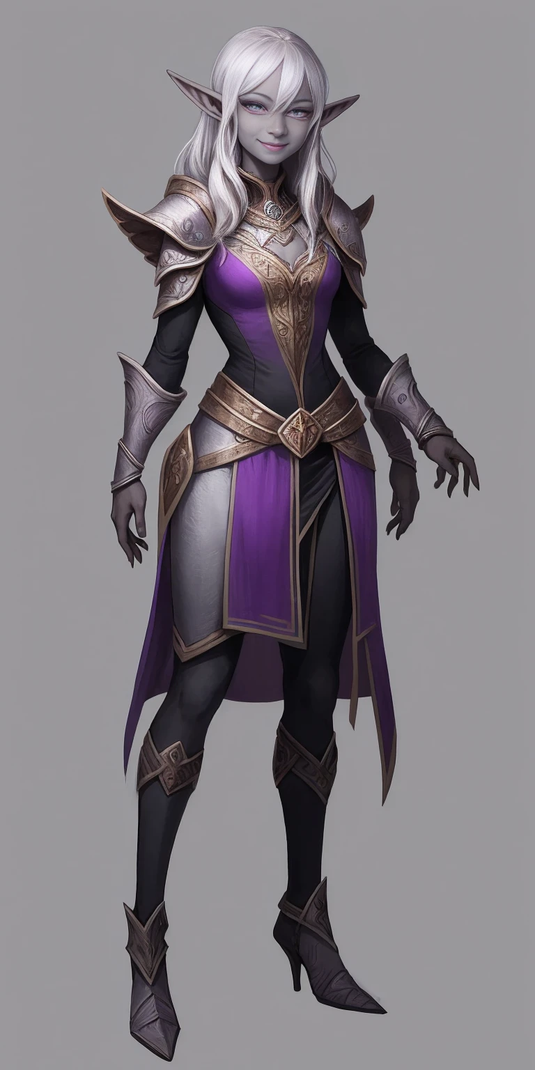 ((1girl)) full body, standing, grey skin drow elf mature, detailed happy face, purple eyes