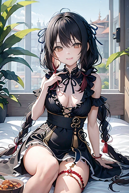 (masterpiece, best quality:1.2),Reality, high resolution, Soft Light,1 Woman, Solitary, Hip lift, View Viewer, (Delicate face), Smile,beautiful girl, Hanfu, east asian architecture,scabbard,architecture, Black over-the-knee stockings, Large Breasts,open chest,Show your shoulders,long hair,大long hair,(pigtail,Braids on both sides of the face), Upper Body, Jewelry, Extra long ribbon, legs open,sit