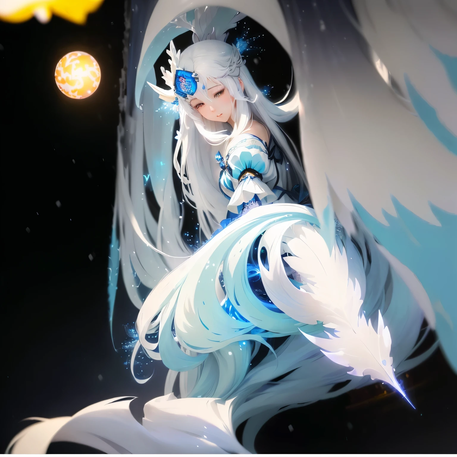 anime girl with long white hair and a blue dress in the snow, white haired deity, white hair floating in air, anime fantasy illustration, flowing white hair, beautiful young wind spirit, beautiful fantasy anime, glowing flowing hair, ethereal anime, beautiful anime artwork, beautiful digital artwork, anime fantasy artwork, ((a beautiful fantasy empress)), 2. 5 d cgi anime fantasy artwork