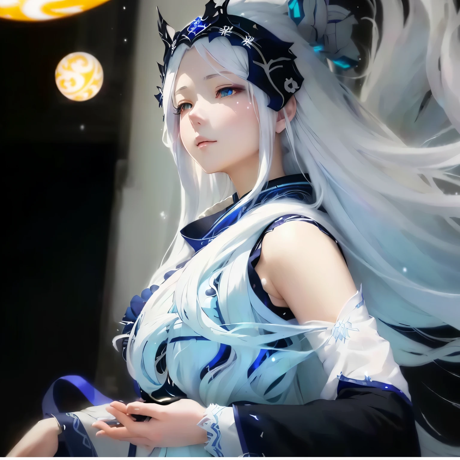 anime girl with long white hair and a blue dress in the snow, white haired deity, white hair floating in air, anime fantasy illustration, flowing white hair, beautiful young wind spirit, beautiful fantasy anime, glowing flowing hair, ethereal anime, beautiful anime artwork, beautiful digital artwork, anime fantasy artwork, ((a beautiful fantasy empress)), 2. 5 d cgi anime fantasy artwork