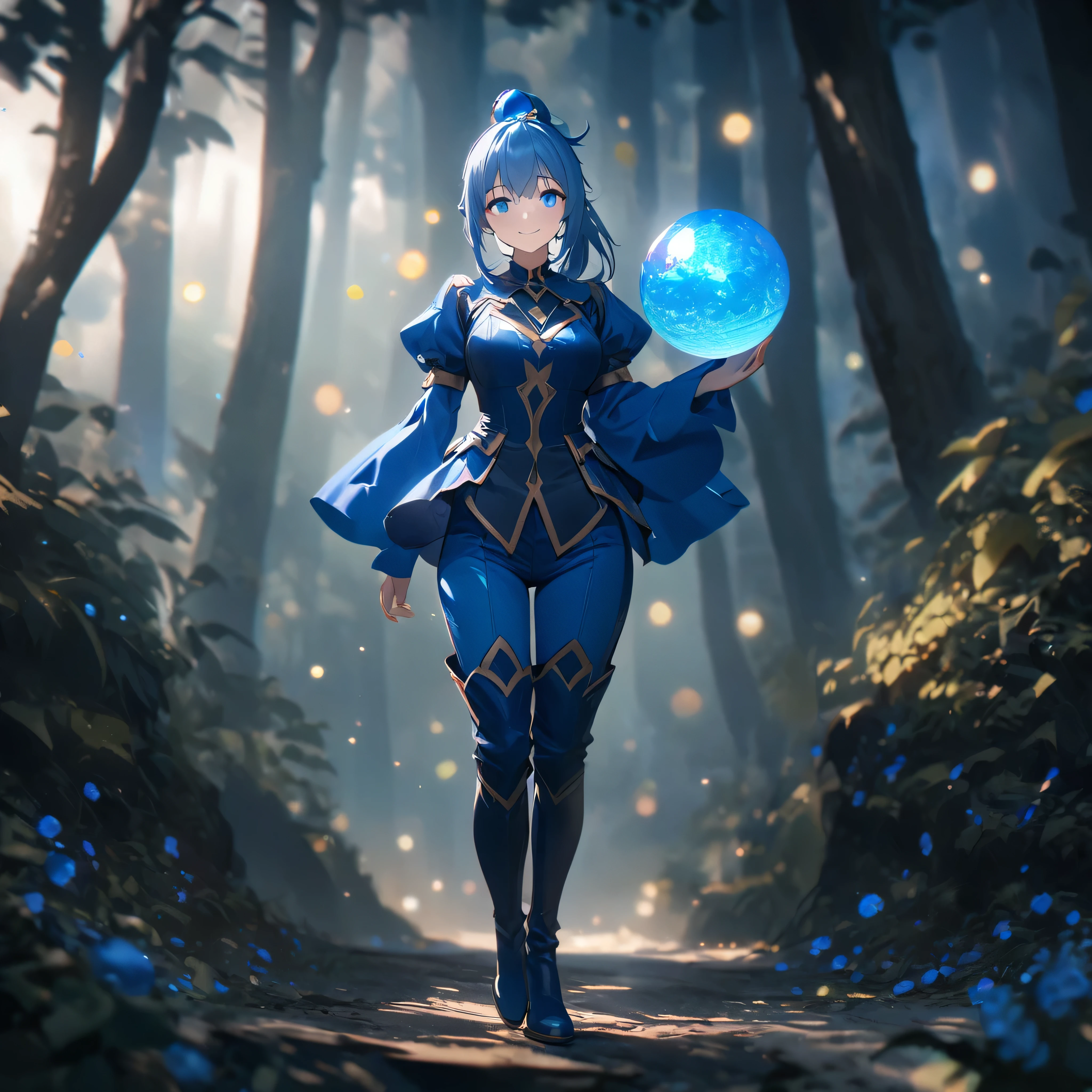 A woman wearing blue costume, long weak blue hair, ponytail hair with a blue sphere, blue leather boots, blue eyes, smiling, walking in a fantasy forest.,full body, stereogram, tachi-e, point of view, atmospheric perspective, 8k, superdetail, accurate, best quality, award-winning, textured skin, high resolution, anatomically correct, bokeh effect, ((woman solo).
