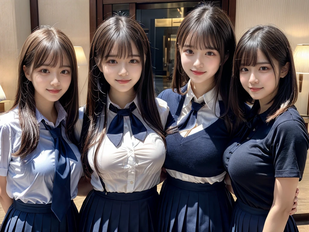 (8K, Raw photography, top-quality, ​masterpiece:1.2),  ((3 beatiful girls))、.（Realistic Skins 1.4）、（（（female high-school student、School Uniforms、）））、{{‎(The background is a luxury hotel room}}（（School Uniforms、white Cutter shirt、darkblue pleatedskirt))、（(long hair)）、((One has short hair)),（A dark-haired、The forehead is hidden by bangs、）、Black eyes、shinny skin.Beautiful delicate face、Beautiful delicate eyes、｛Voluptuous body shape、Thicker thighs｝、One piercing in each ear、((smile:1.3)),((large breasts)), ((navy blue tie)) ,looking at camera, ((close up))